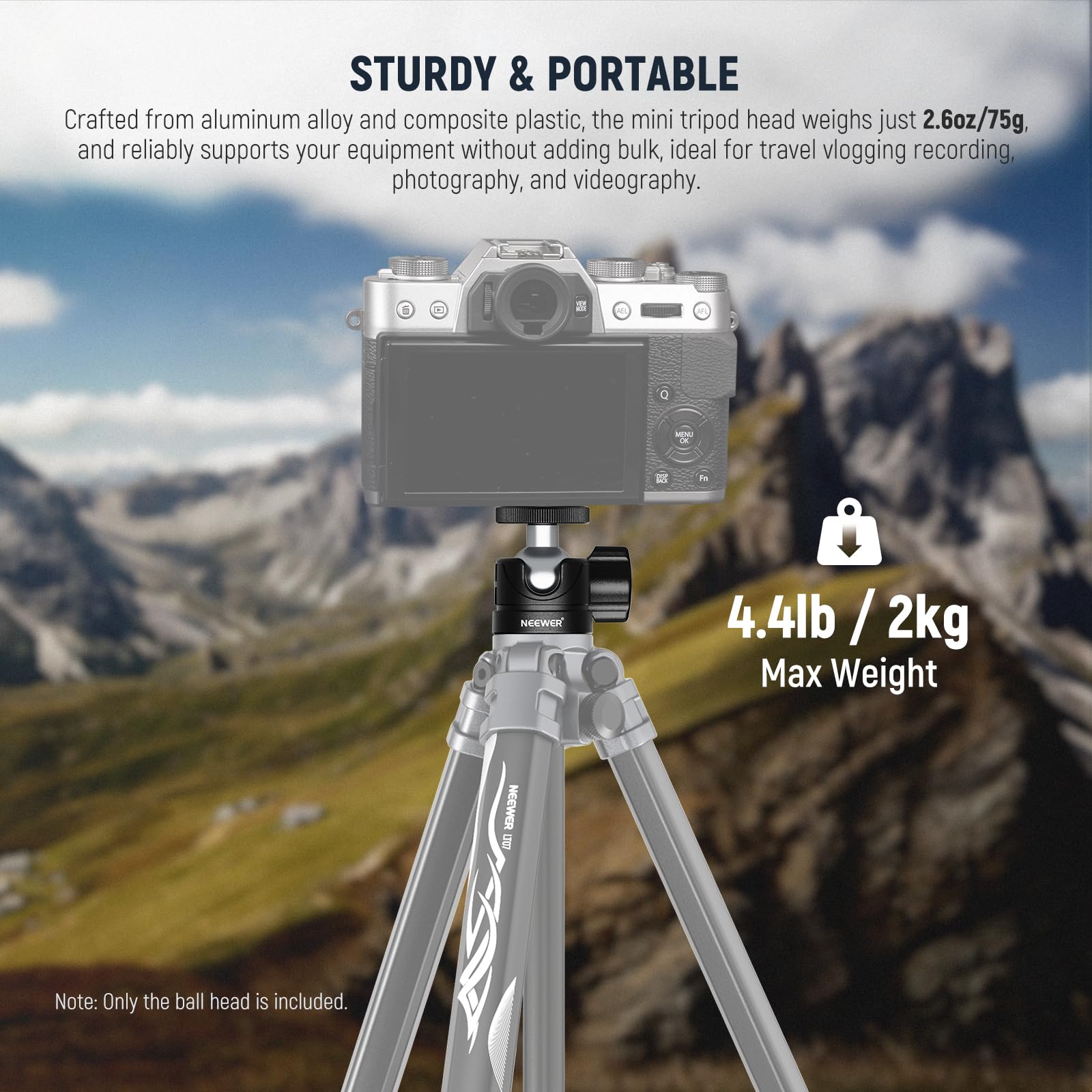NEEWER BASIC Mini Testa a Sfera, Adattatore Fotocamera Testa Treppiede Portatile con Vite 1/4" per DSLR Action Cam Phone LED Ring Light Monopiede Slider Compatti, Max 2kg, Rot. 360° Incli. 90°, GM01