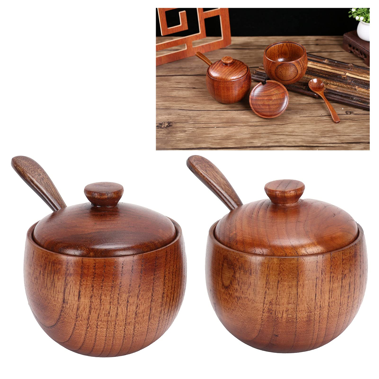 Tomotato 2 Pack Japanese Seasoning Jar,Solid Wood Spice Jar with Lid and Spoon Wooden Condiment Container Jujube Wood Minimalist Style Spice Jar Spice Containers for Sugar, Salt, Seasoning Pepper