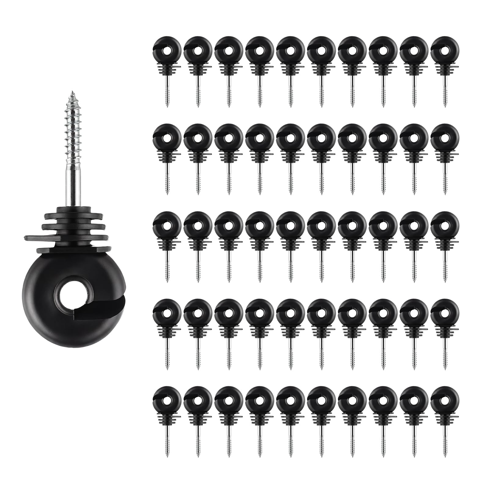 Lot de 50 Isolateurs Clôture Électrique Multi-Nervures, Isolateurs à Vis pour Piquets en Bois, Isolation Anneau pour Fil, Fil Poly et Corde