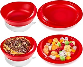 Auslaufsichere Schaufelplatte und Schüssel mit Saugnapf, Parkinson-Hilfsmittel für den Alltag, adaptive Essgeschirr-Esshilfen für ältere und behinderte Menschen (One plate+one bowl,red)