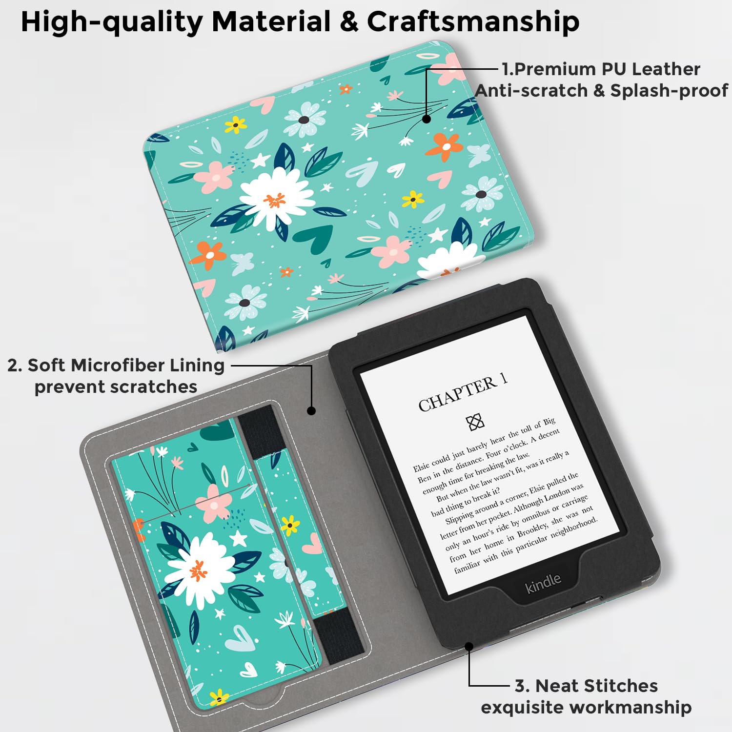 VORI Stand Case für Kindle Paperwhite (11th Generation-2021) und Kindle Paperwhite Signature Edition, PU Leder Hülle Smart Schutzhülle mit Auto Wake/Sleep und Handschlaufe, Grün Blume