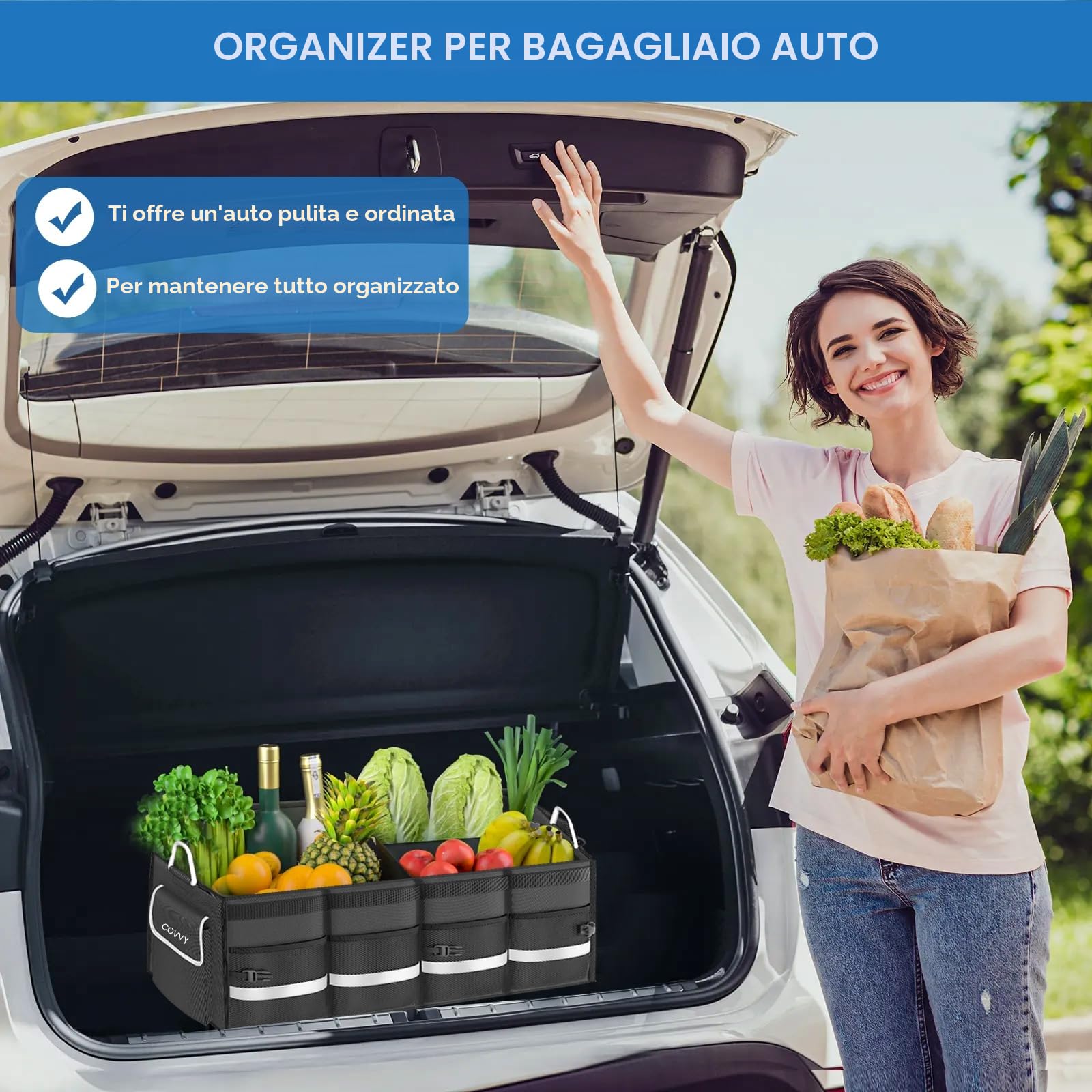 Organizer Bagagliaio Auto 65L, pieghevole, con tasca con patta, tasche laterali e manico resistente, fondo antiscivolo, Organizer Auto Bagagliaio di piccole dimensioni e SUV