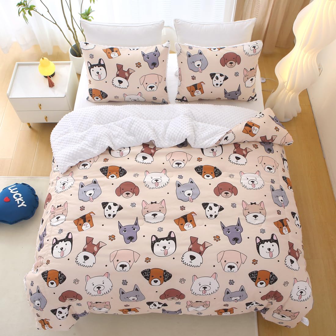 Gusuhome Kids Dog Comforter Set Twin Size Cute Animal Dog Bedding Set Bed in A Bag for Boys Girls Teen All Season Warmth 3 Piece Ivory White