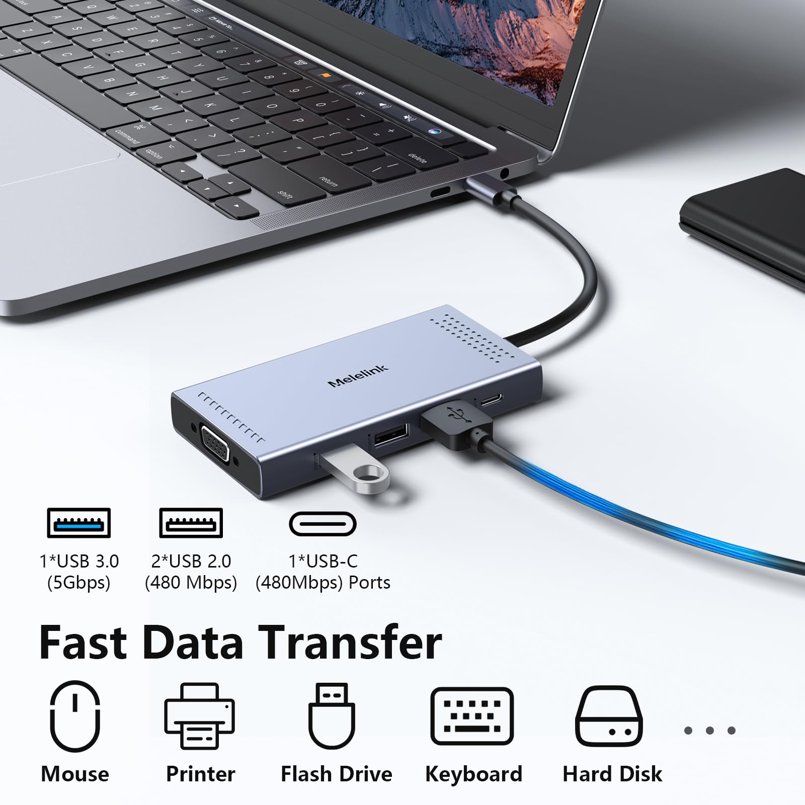 Melelink - Docking station USB C, adattatore per monitor Dual HDMI, hub USB C 3 monitor con 2 HDMI 4K, display 8K, VGA, PD da 100 W, porte USB C&A, docking station 9 in 1 per computer portatile Dell