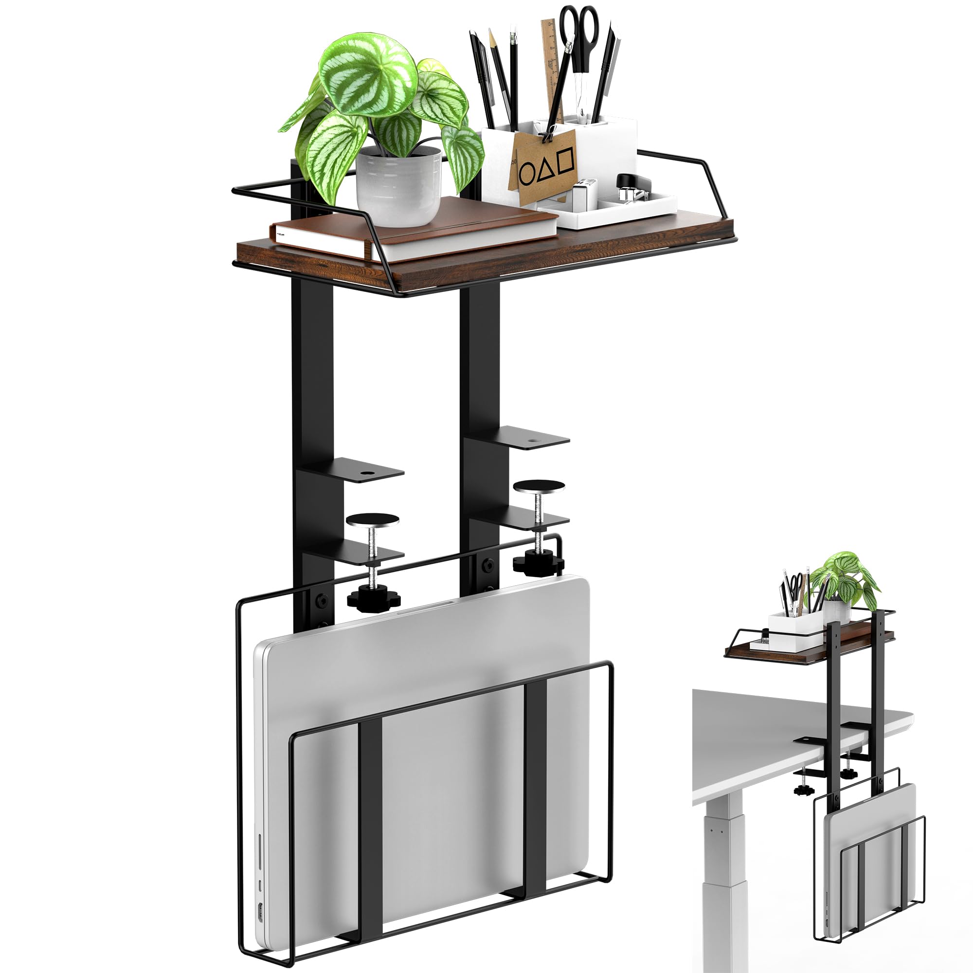 Alyoen Clamp-On Desk Shelf with Under Desk Cable Book Management Tray, Adjustable Desk Storage Shelf for Office Table Gaming Accessories and Book Storage