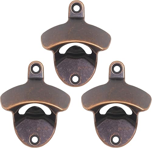 Abrebotellas rústico montado en la pared, abridor de tapas de cerveza de cobre antiguo (paquete de 3)