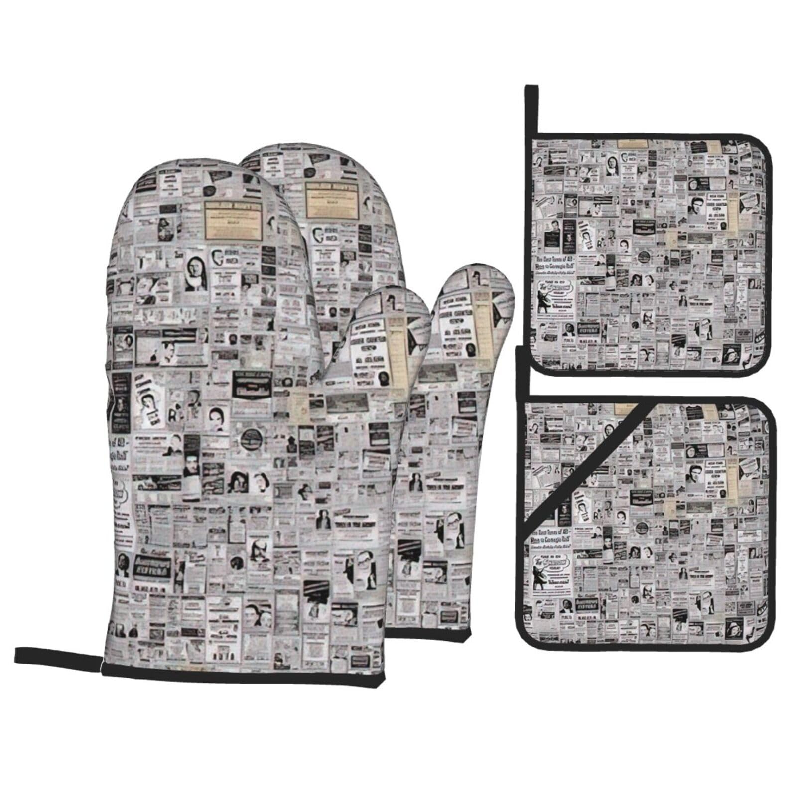 newspaper Print 4-Piece Heat-Resistant Oven Waterproof Kitchen Gloves Cooking Roasting Essential