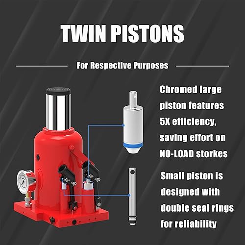 Miniatura 5 de Torin Gato hidráulico de doble pistón para botella de coche con medidor de presión y liberación lenta, 32 toneladas (64,000 libras), rojo,