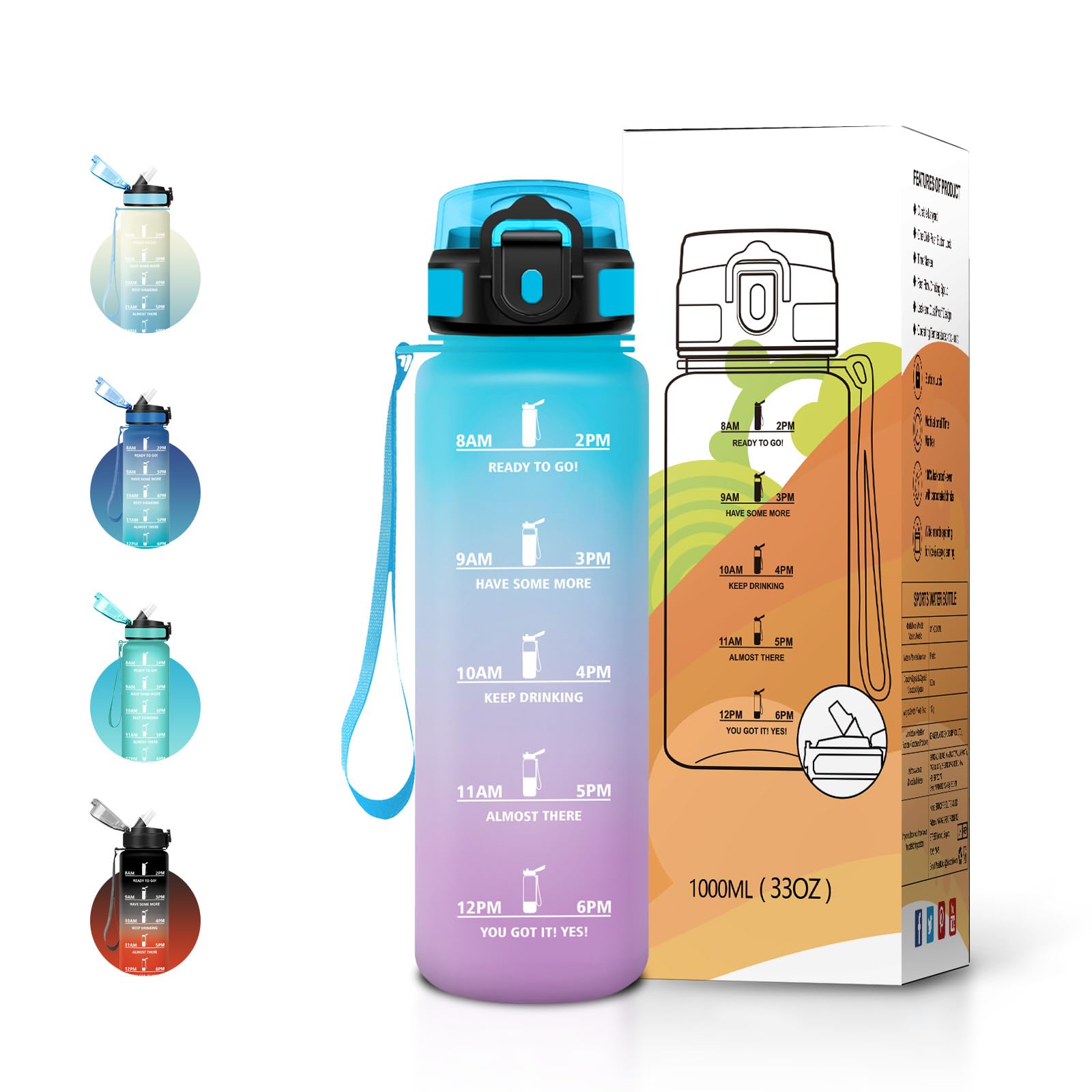 JAPORIA 1L Water Bottle with Straw and Time Indicator, BPA Free, Leak Proof, Reusable Water Bottle for Fitness, Students and Office