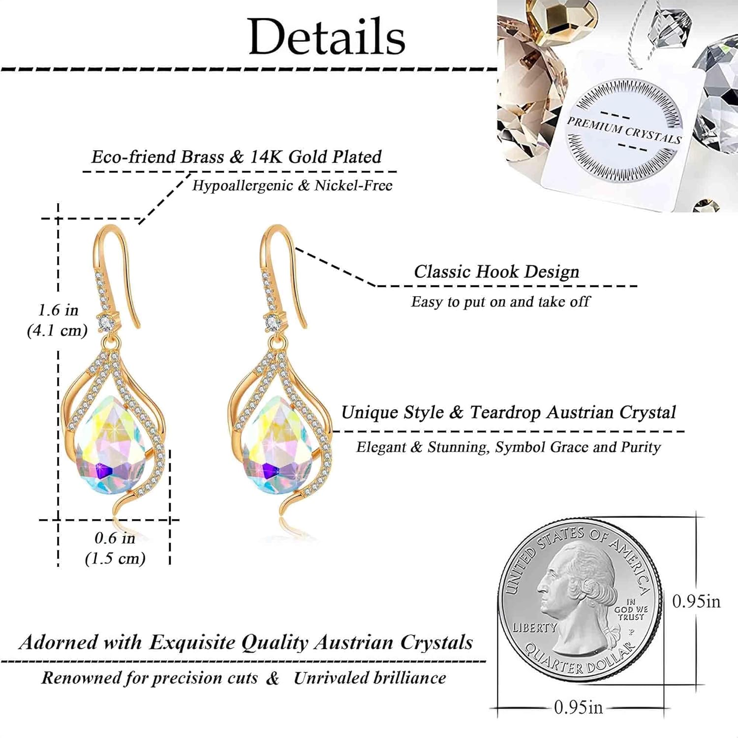 Austrian Crystal Hollow Teardrop Halo Drop Twisted Dangle Earrings for Women 14K Rose Gold Plated Hypoallergenic Jewelry - Image 4
