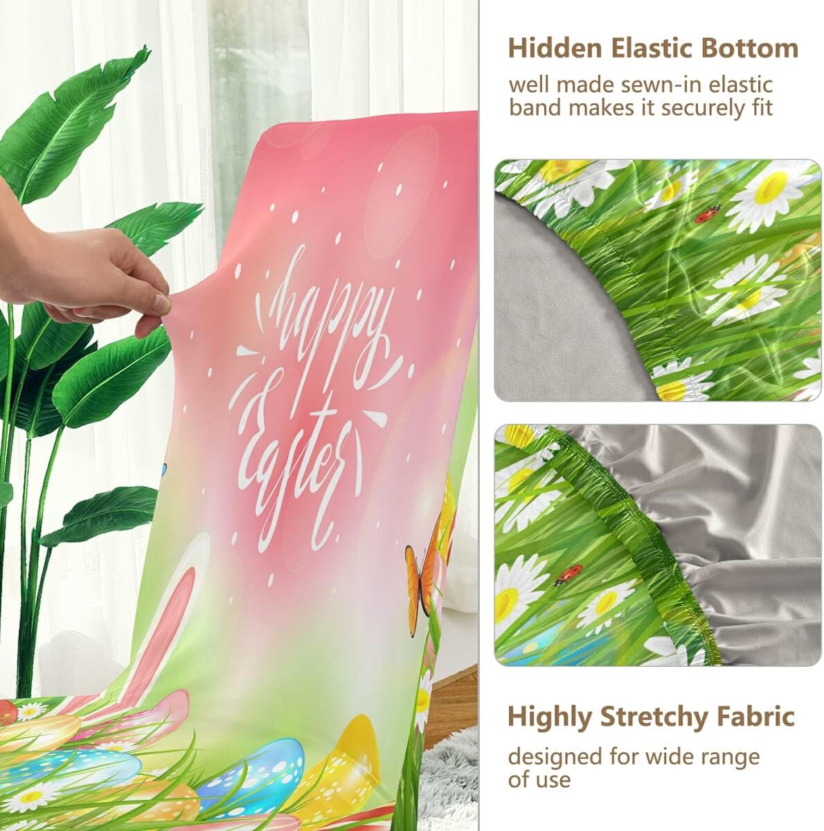 Kigai Easter Bunny Eggs Dining Chair Covers Set of 4, Stretch Chair Slipcovers Removable Washable Chair Protector Covers for Dining Room, Restaurant, Hotel, Party Decor