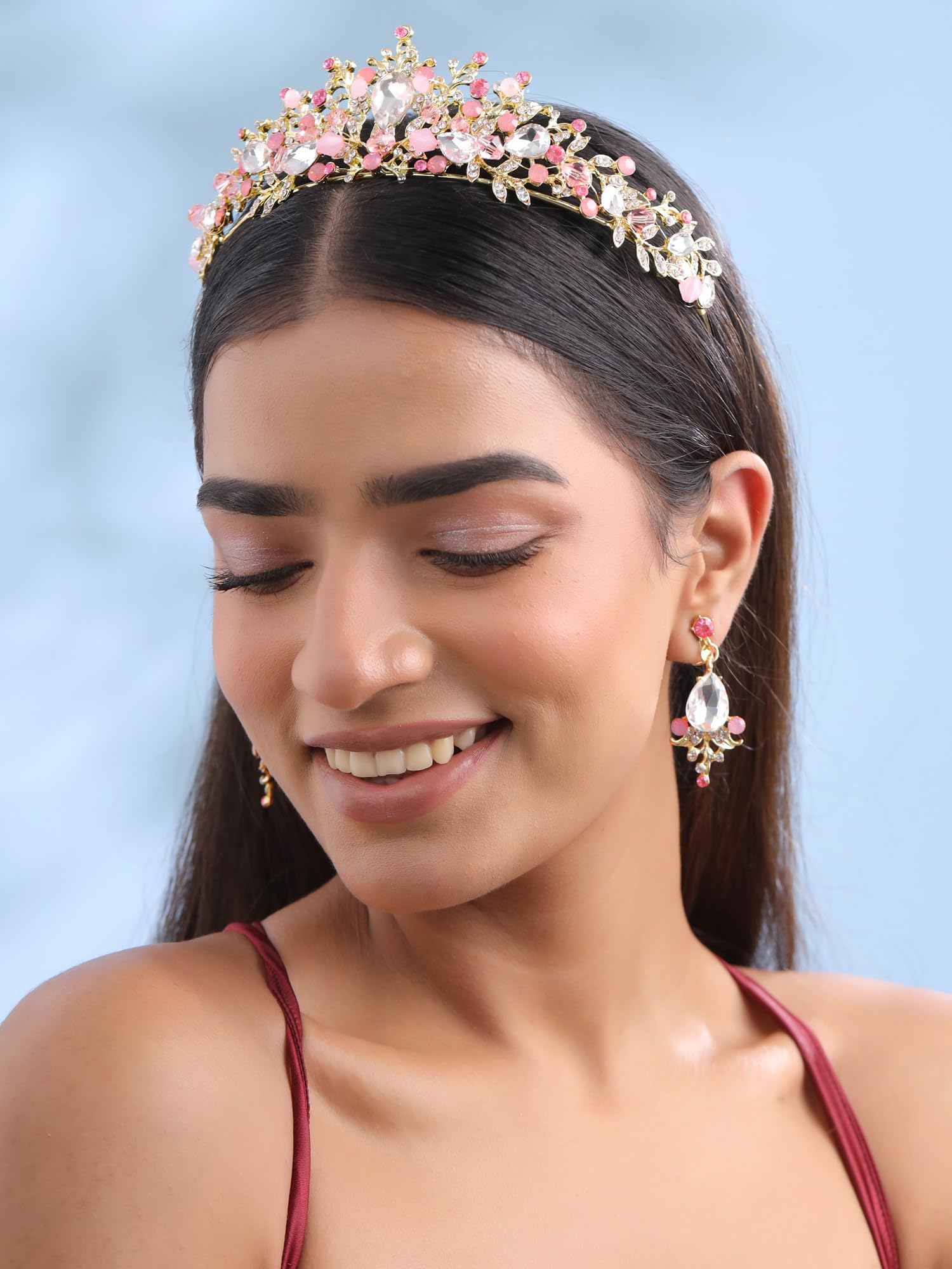Yellow Chimes Latest Fashion Floral Design Multicolour Crystal Golden Bridal Wedding Crown Tiaras With Earrings by Yellow Chimes Copper Tiara for Women (Gold, Multicolor) (YCFJCR-FLWCRSTL-MC) 3