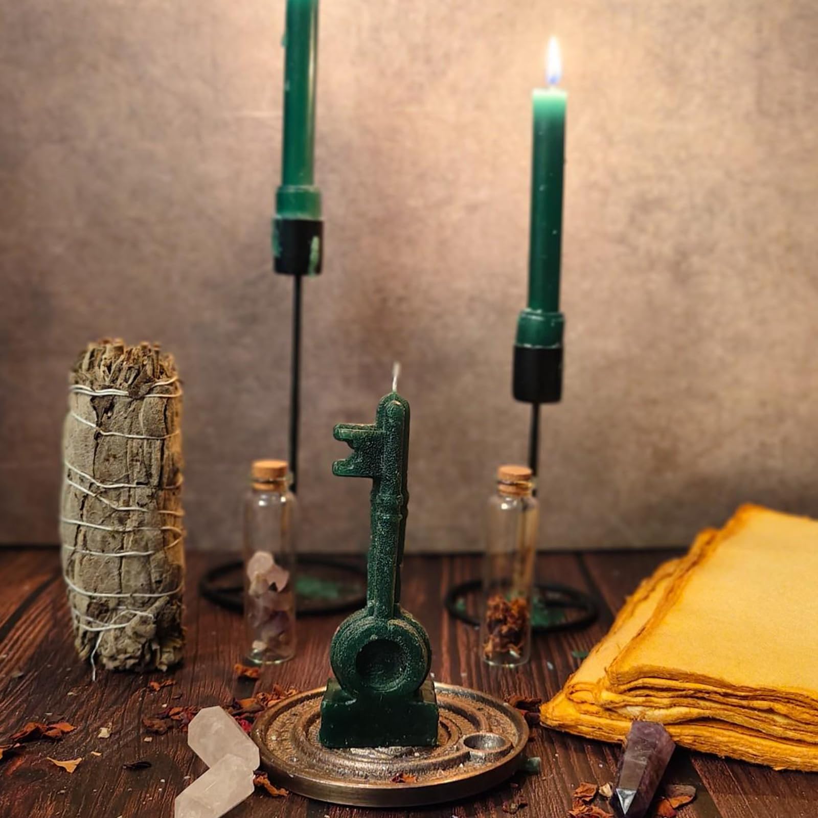Hecate Wizard Mall-Key Candle-Kuber Key-Spell Candle-Ritual-Magic-Home Decor-Room Decor-Halloween-Spell Casting-Unscented-Soy Wax Blend-Healing-Aromatherapy (Green-12x4cm)-30grams 1