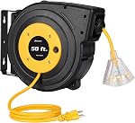DEWENWILS Retractable Extension Cord Reel, 50FT Electric Cord Reel with 14AWG/3C SJTOW, 13A Circuit Breaker, Wall/Ceiling Mounted, 3-Lighted Triple Outlets, UL Listed, Blue