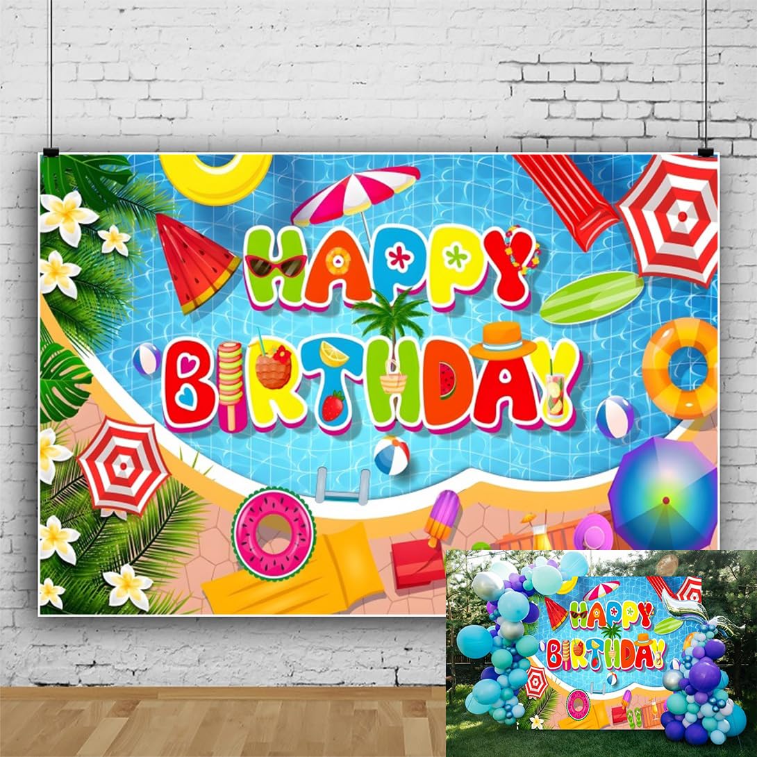 Summer Pool Birthday Party Backdrop 10x8ft Swiming Pool Tropical Leaves Flower Photography Background Pool Party Decorations Banner Studio Photo Booth