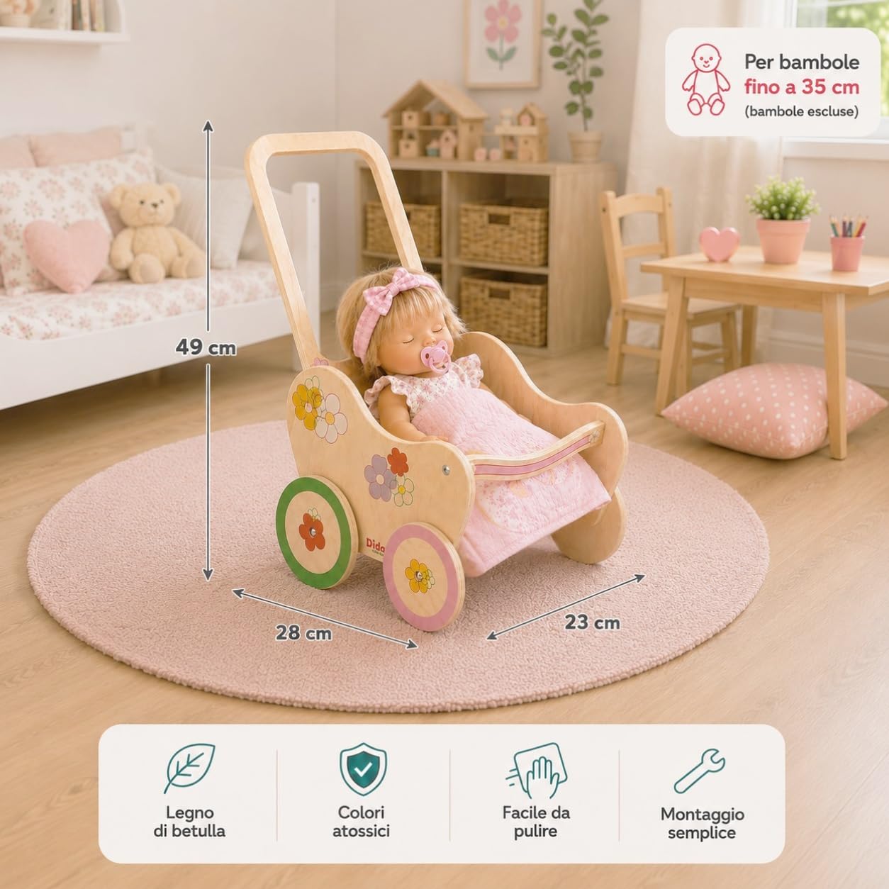 Dida Landau pour Poupées en Bois Motif Fleurs - Poussette pour Poupées jusqu'à 35 cm, Jouet de Rôle pour Enfants de 2 à 4 Ans, Parfait pour Les Petits Parents