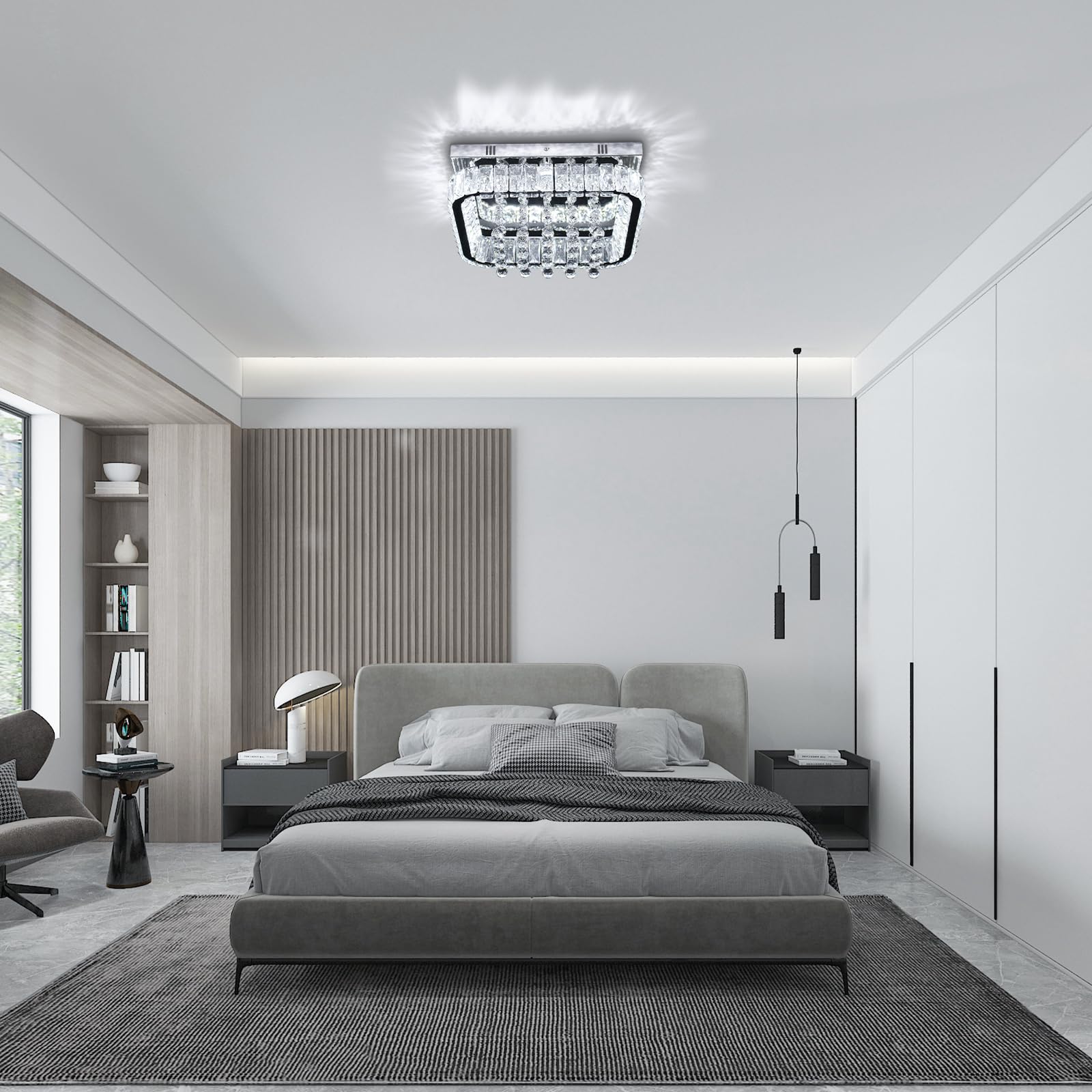 Lampadario Moderno A Soffitto Rettangolare In Cristallo - 4 Luci LED Dimmerabili, Telecomando, Per Soggiorno E Camera, 33.5x9.5 Cm