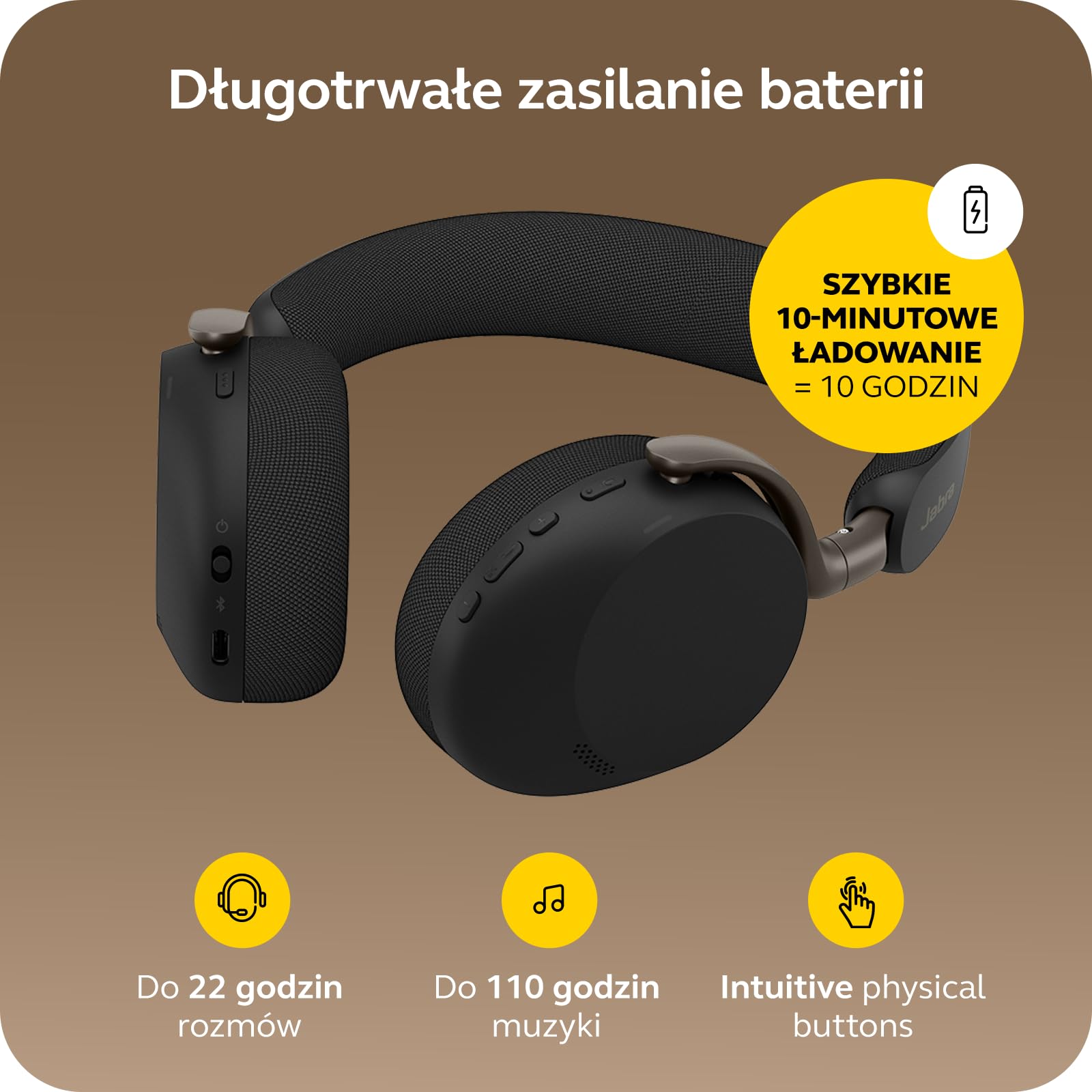 Jabra Evolve3 75 Bezprzewodowy Zestaw Słuchawkowy Bluetooth On-Ear, Czarny | Z mikrofon, USB-C, AI Połączenia, Zaawansowana ANC, 22h Bateria, do Online Meeting Apps