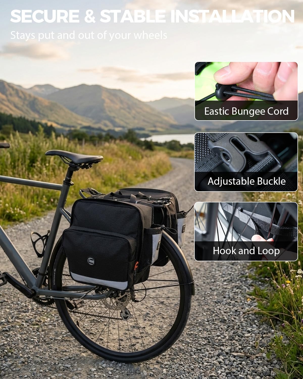 Borse per bici da 30 l, borsa da sella per portapacchi posteriore con patta con cerniera, borse per bici di grande capacità con portabottiglie, borsa riflettente per bici da pendolarismo