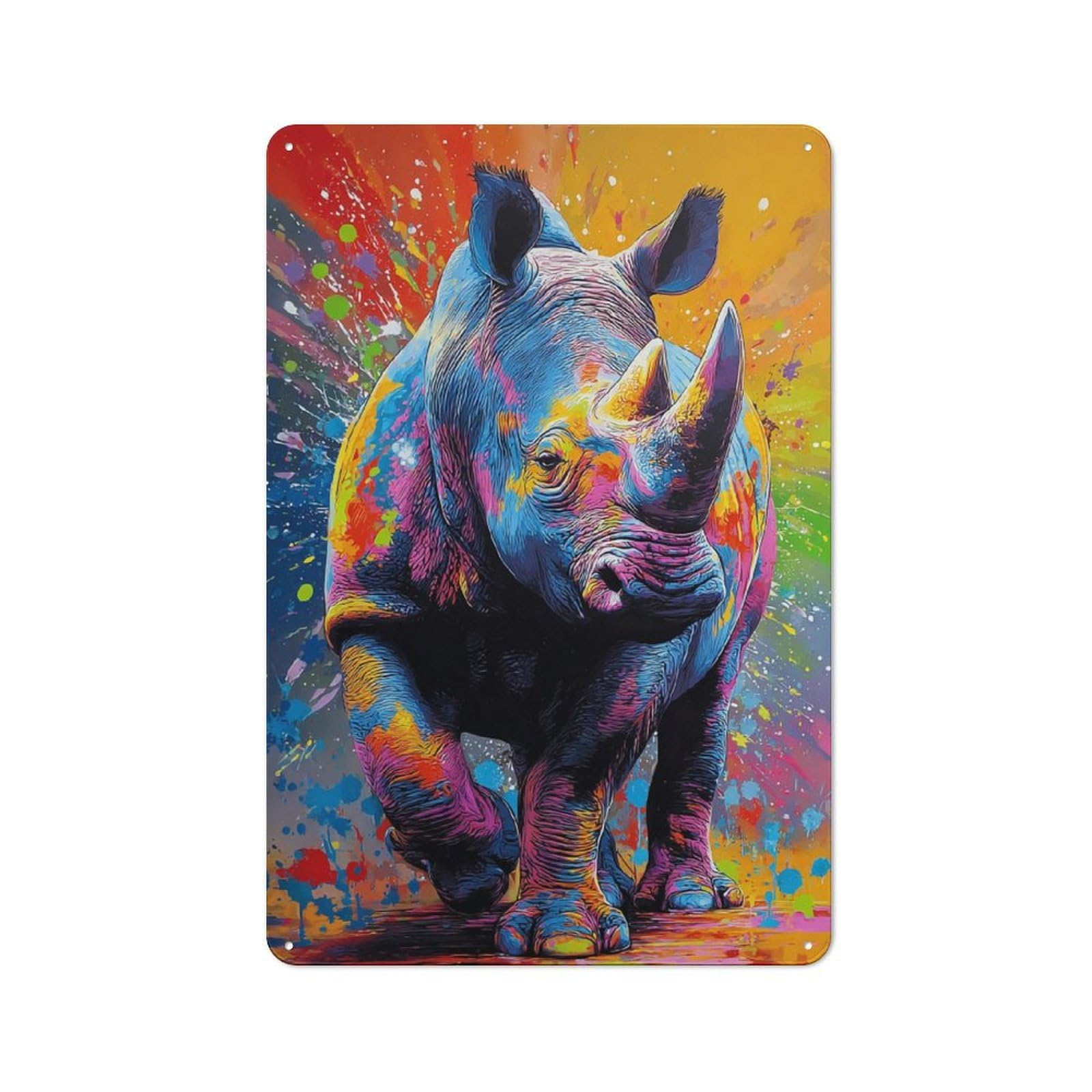 Junmoney Colorful Rhino Splash Art Nostalgic Metal Wall Sign 30X20cm, Classic Pub Decor For Bar, Kitchen, Garage Or Games Room