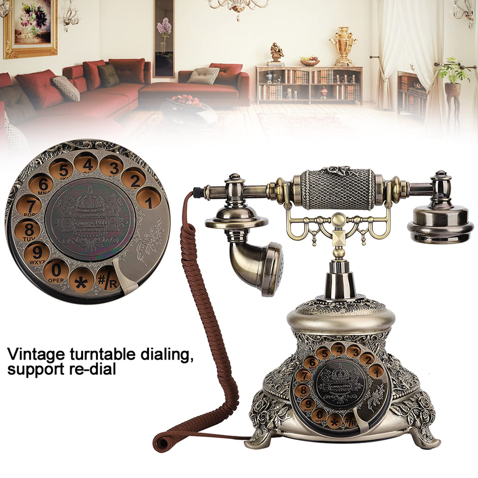 Zunate Zabytkowy Telefon Stacjonarny z tarczą obrotową |Europejski Telefon w Stylu Retro z żywicy do Dekoracji Biurka, Ponownego Wybierania Typu Plug and Play