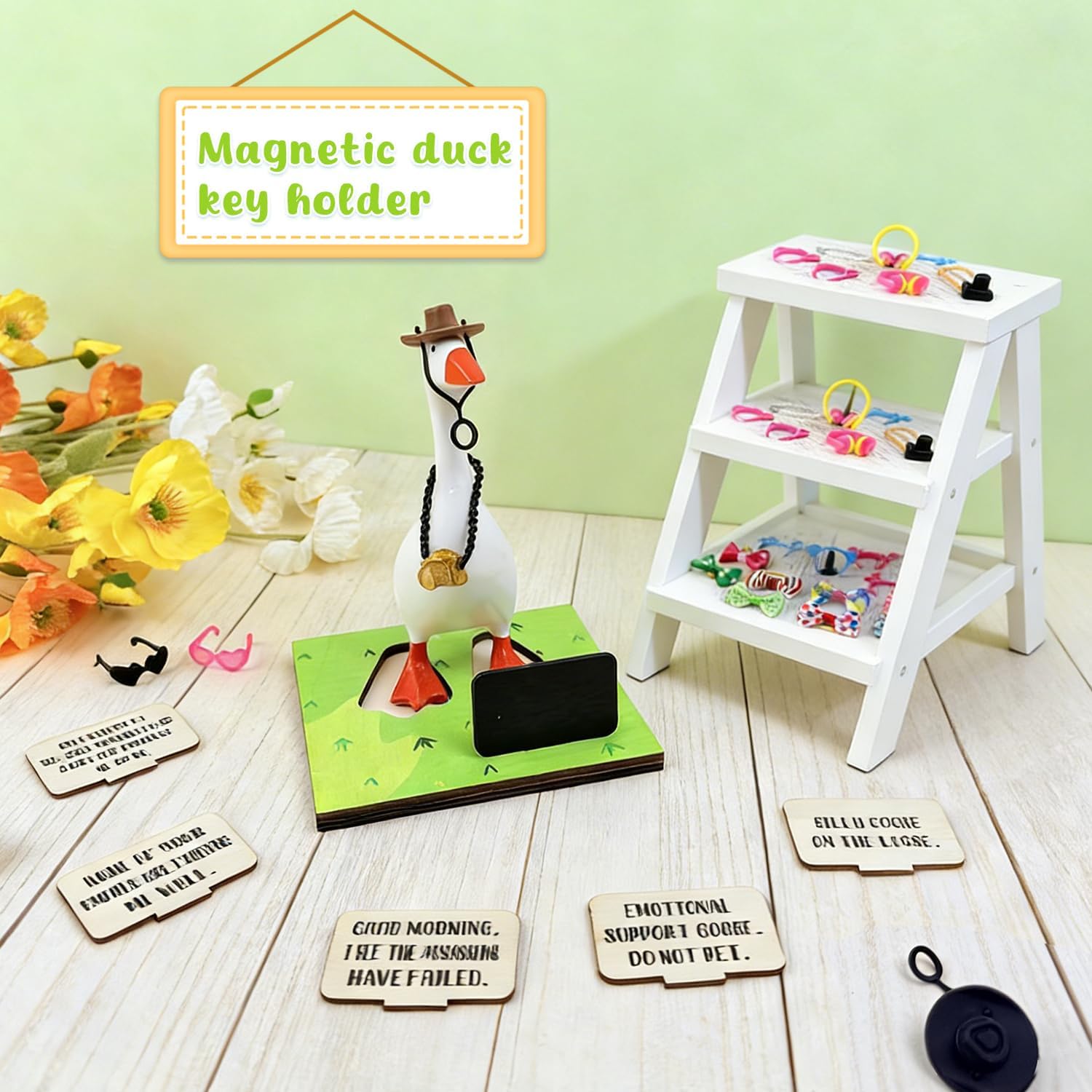 36 Pcs Magnetic Goose Key Holder Mini Desk Goose Statue with Base Writable Sign Resin Goose Outfits Mini Hats Chain Collar Accessories for Home Office Desk Decor New Apartment Housewarming Gifts