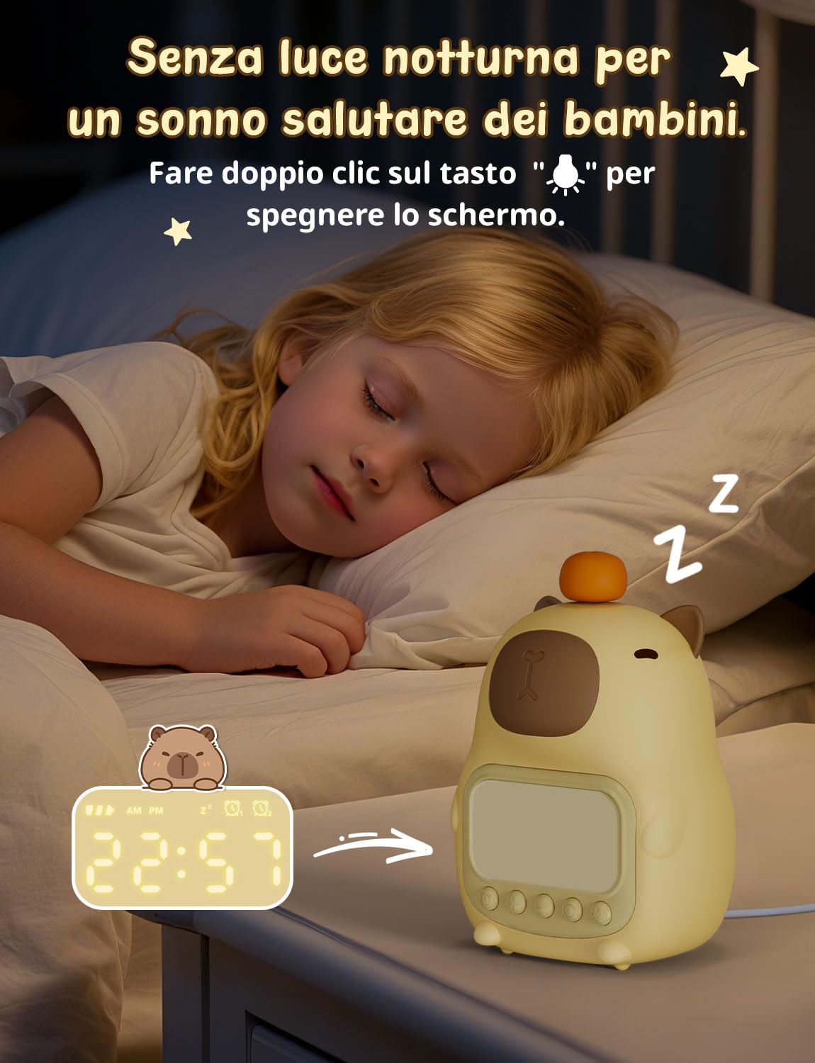 YISSVIC Sveglia per Bambini con 2 Sveglie, Regolazione Volume, Funzione Snooze, 5 Suonerie, Luci Notturne Sveglia Ricaricabile 1800 mAh