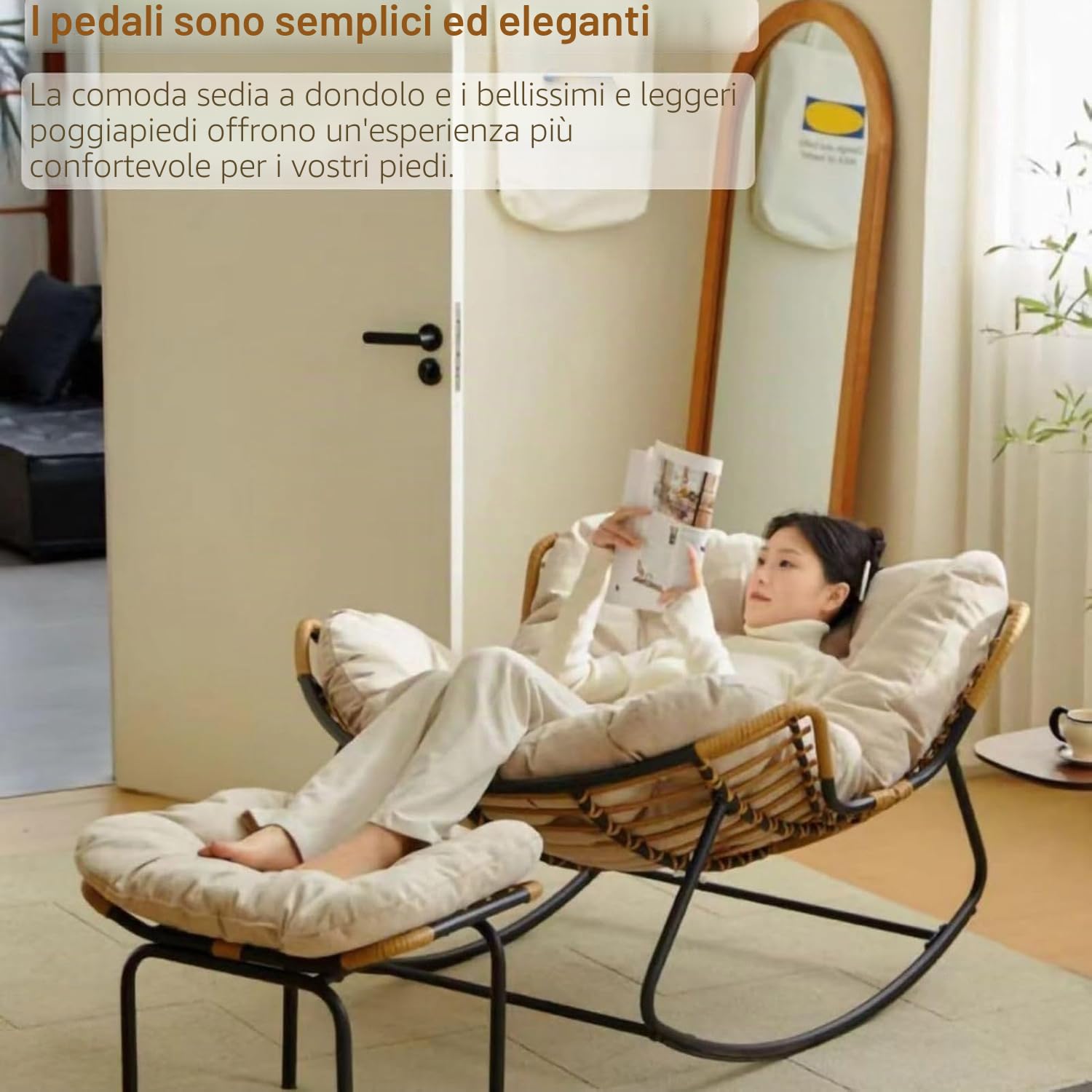 Papasan - Sedia a Dondolo da Esterni con Cuscino Imbottito, Rattan, Struttura in Metallo, Design Moderno a Forma di Uovo, Grigio Chiaro