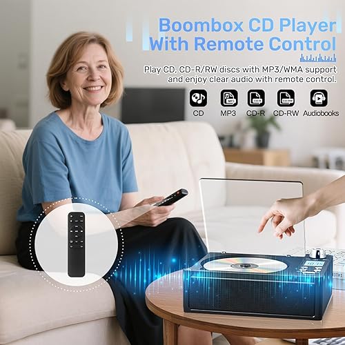 Miniatura 4 de Boombox reproductor de CD portátil, Boombox recargable de 4000 mAh con reproducción de CD-RRWMP3, radio FMUSBTFAUXcontrol remoto, Bluetooth, sonido