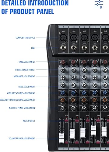 Miniatura 7 de ZM160 Mezclador de audio de 8/12/16 canales Consola de mezcla de sonido con Bluetooth USB multipista y alimentación fantasma de 48 V para Studio