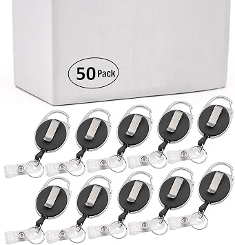 GOGO Retractable Carabiner Badge Holder, ID Card Lanyard-Solid Black-50 Pcs