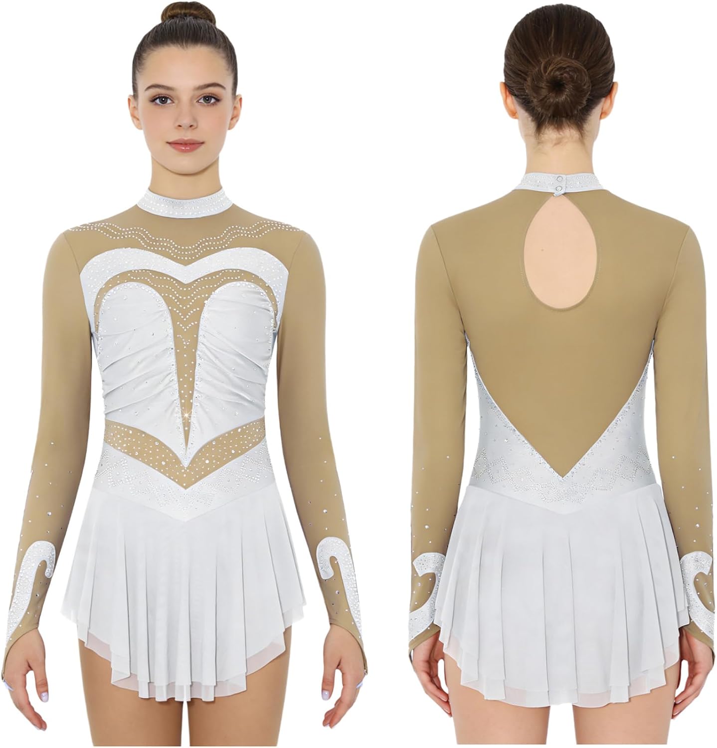 JEYPINMI Ice Skating Dress for Women Rhinestones Long Sleeve Figure Skating Leotard Dress Gymnastics Bodysuit