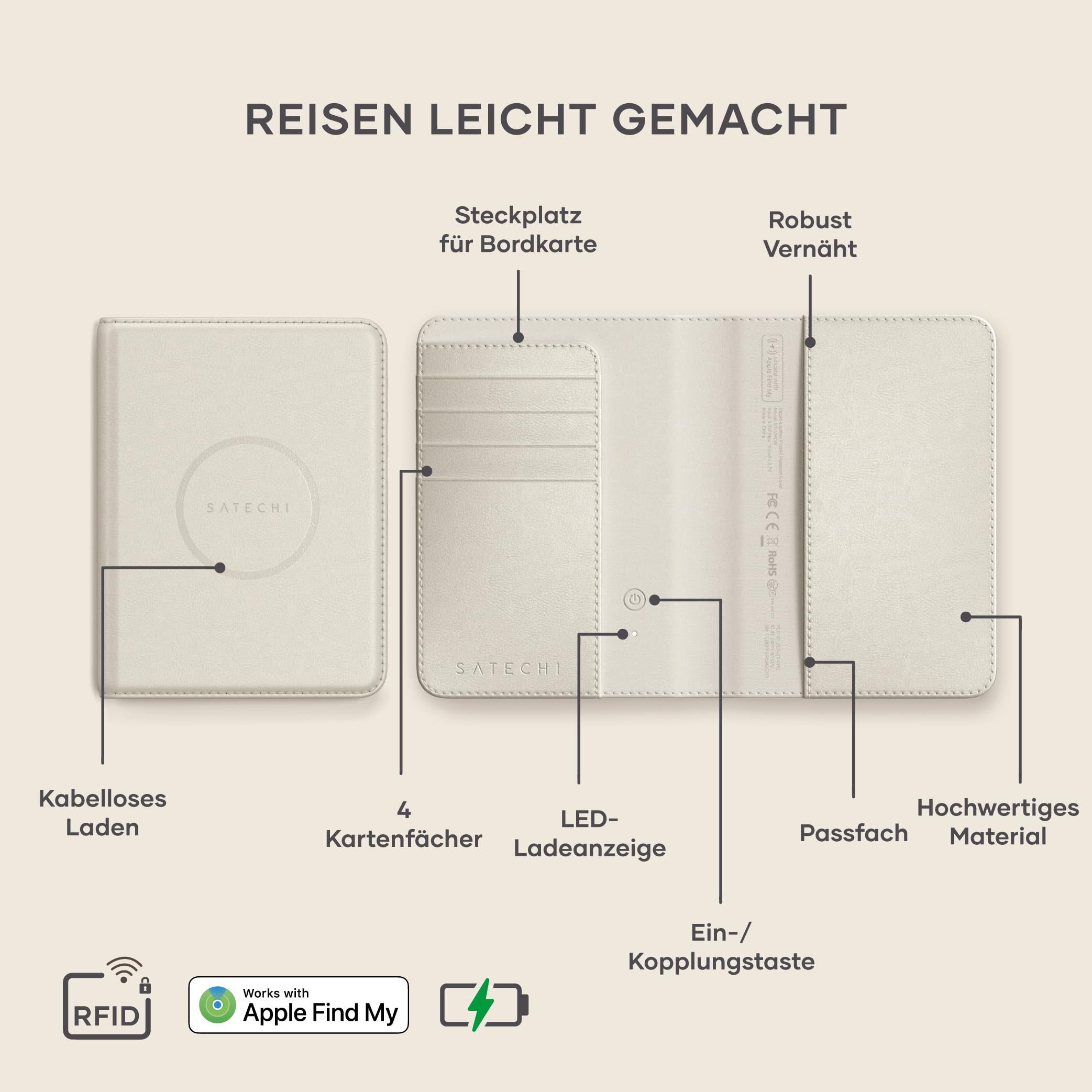 SATECHI FindAll Reisepasshülle aus Premium-Material (PU) mit Apple „Wo ist?“-App, GPS-Tracker-Alternative, RFID-Schutz, 4 Kartenfächer, kabelloses Laden – Polarstern