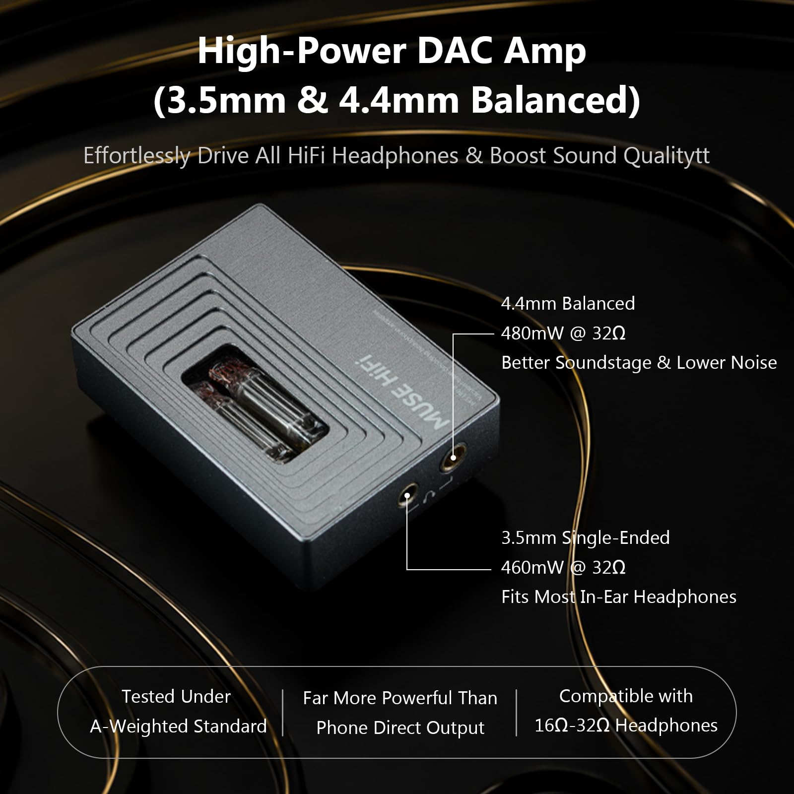 HiFiGo MUSEHiFi M3 – Ultraportabler Röhren-DAC-Verstärker, JAN6418-Röhren-USB-C-Dongle Mit Symmetrischem 3,5-mm- und 4,4-mm-Ausgang, Hi-Res-DAC-Verstärker für IEMs, Kopfhörer, Smartphone, PC und Mac