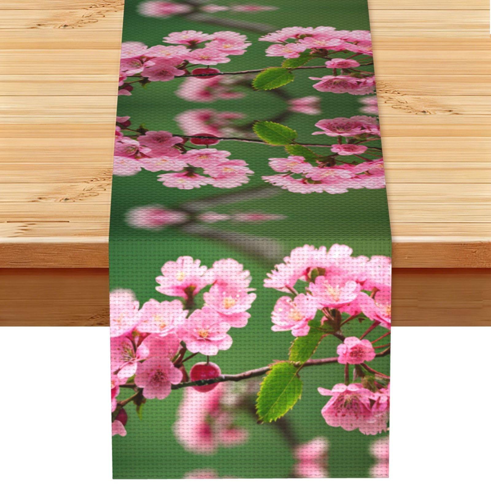 Pink cherry blossoms Printed Kitchen Table Runner 13x72, Faux Linen Style Decor for Home Wedding Banquet Fireplace