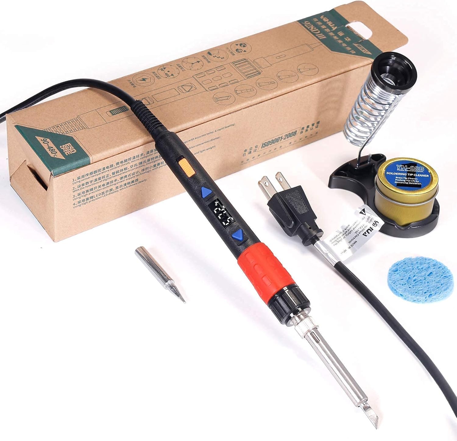 YIHUA 928D-III Hand Soldering Iron bundle with #08B Cleaning Kit with Brass Ball, and Accessories (6 Items)