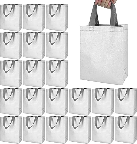 Miniatura 1 de ISUSSER Paquete de 25 bolsas de regalo reutilizables plateadas metálicas con asas, bolsas no tejidas brillantes para compras, fiestas de cumpleaños,