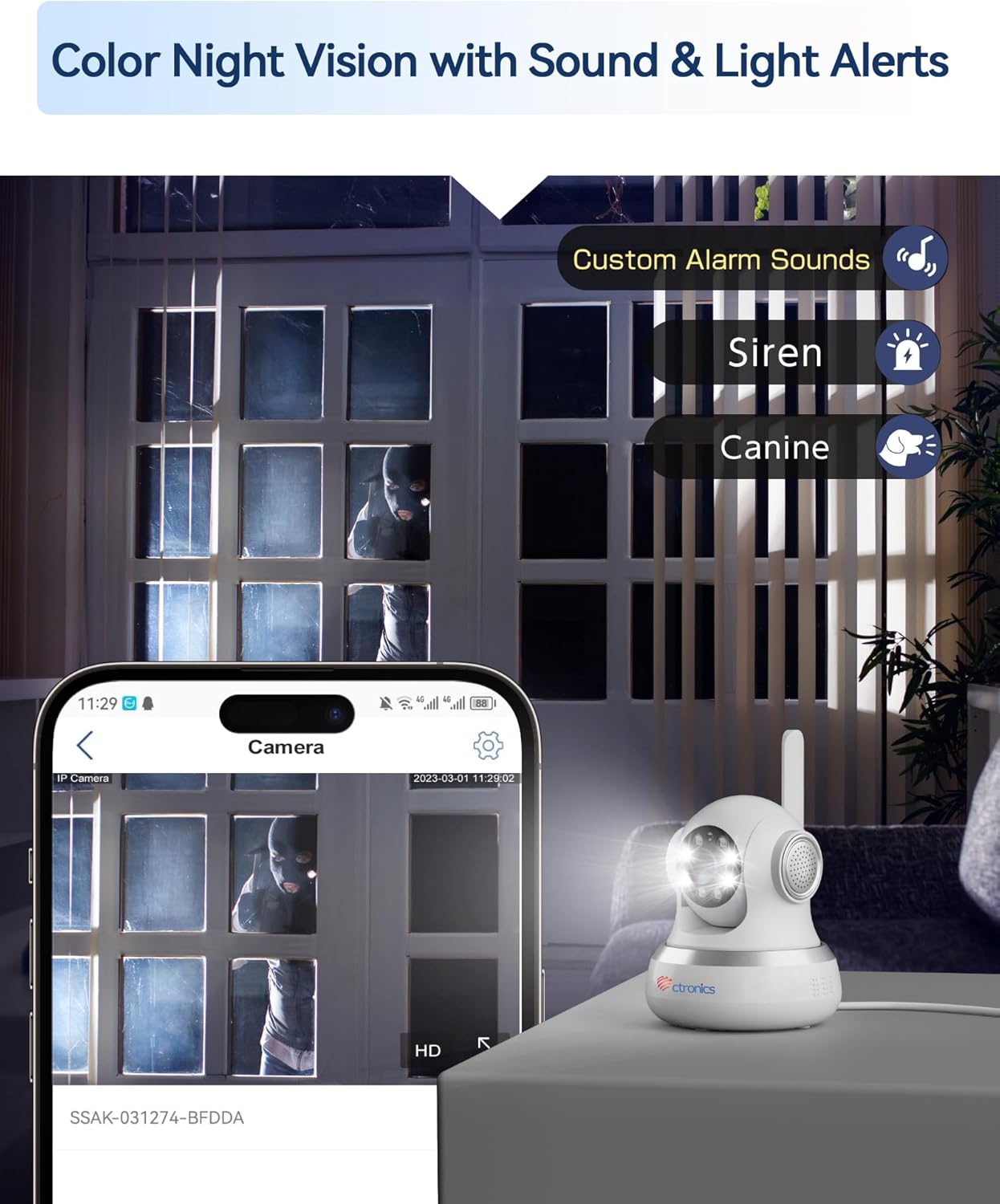 Ctronics camera with color night vision and sound/light alerts