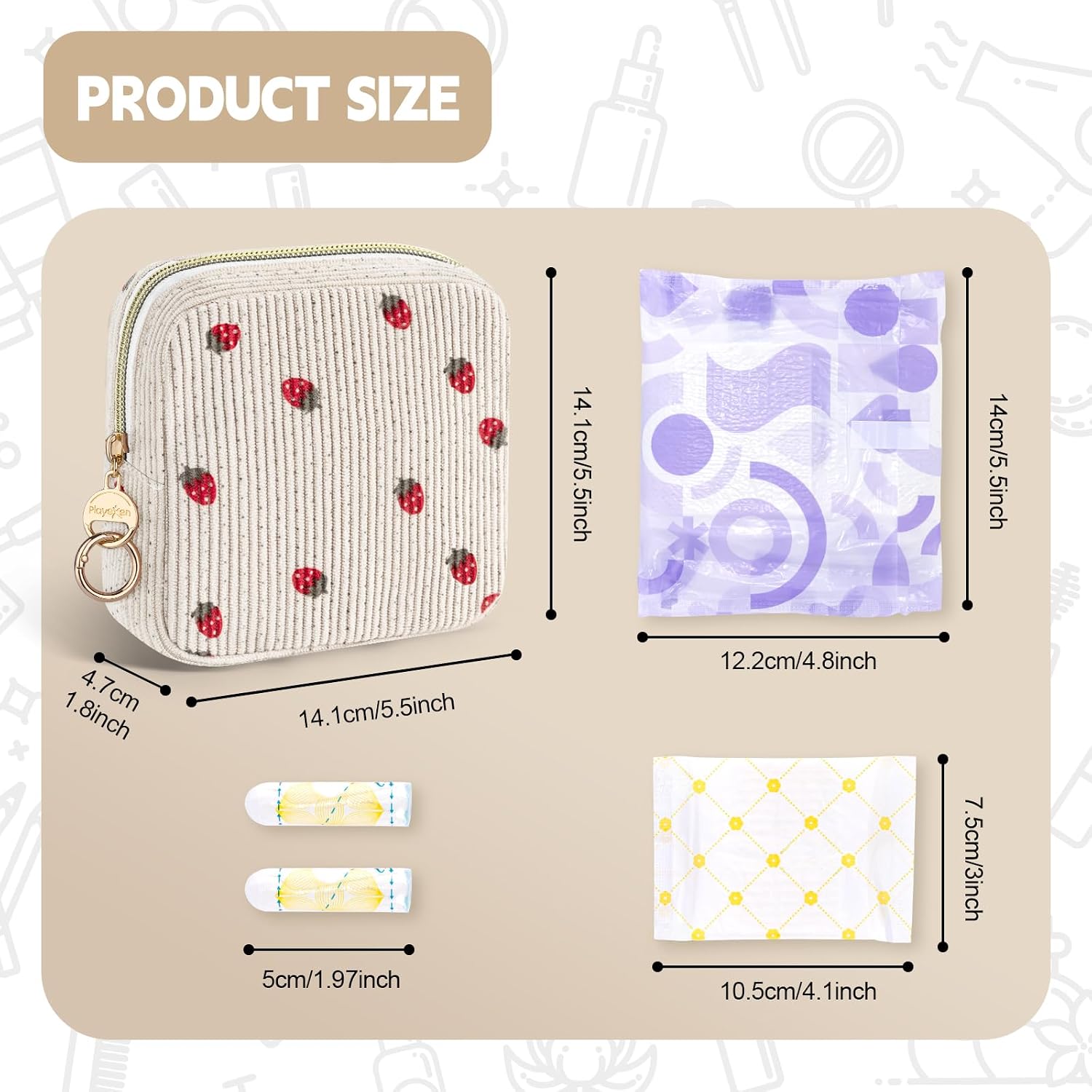 First Period Kit for Teen Girls, Bow Tie Corduroy Cute Sanitary Napkin Storage Bag, Menstrual Pad Bag Tampon Holder for Purse, First Period Gifts, Birthday/Christmas Gifts (Strawberry)