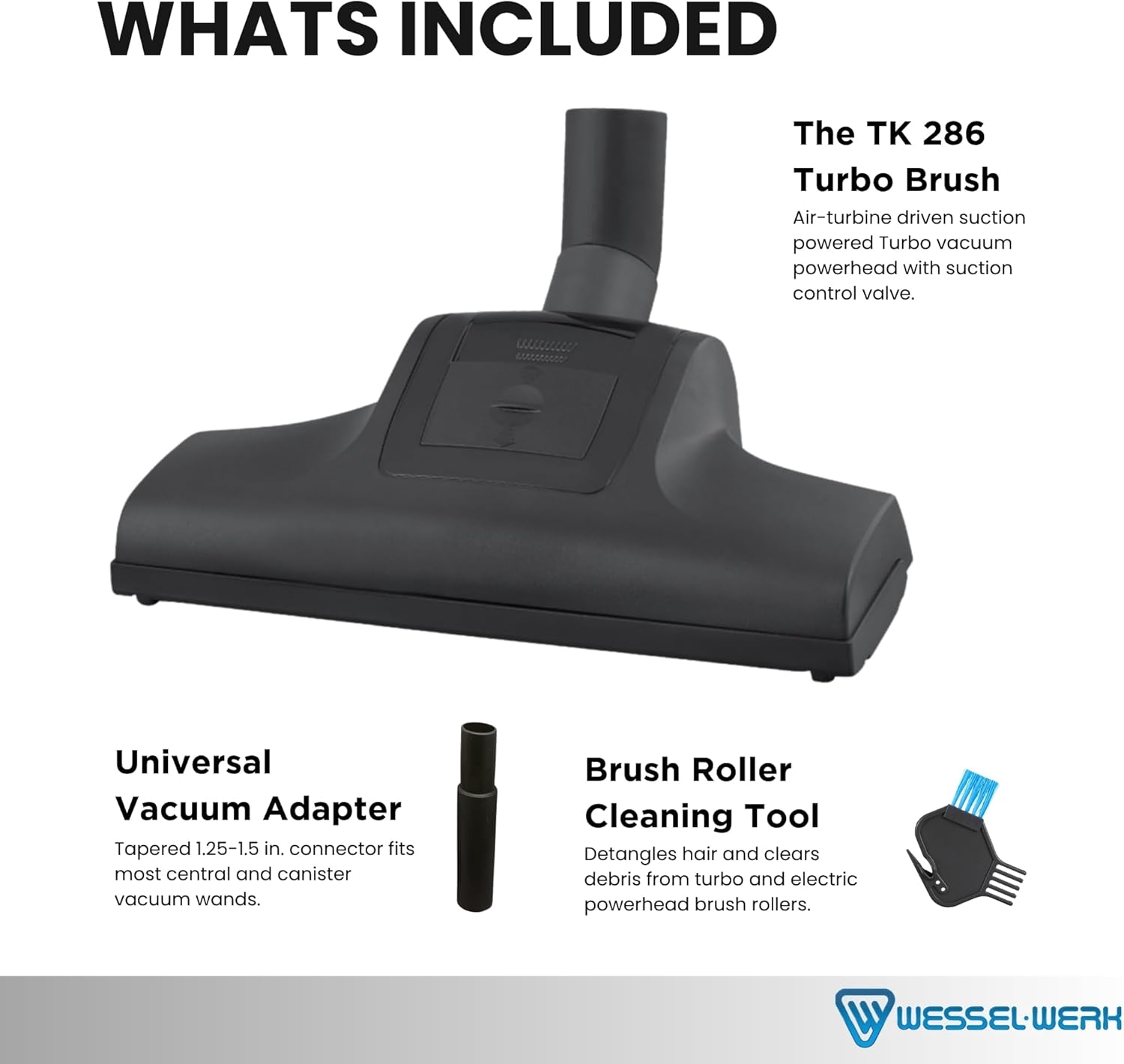 Wessel-Werk TK 286 Turbo Brush Head Attachment — Universal Air-Turbine Carpet Nozzle with Adjustable Suction Control & 1.25–1.5 in. Adapter — Fits Central & Canister Vacuums(TK 286 Turbo Brush Head)