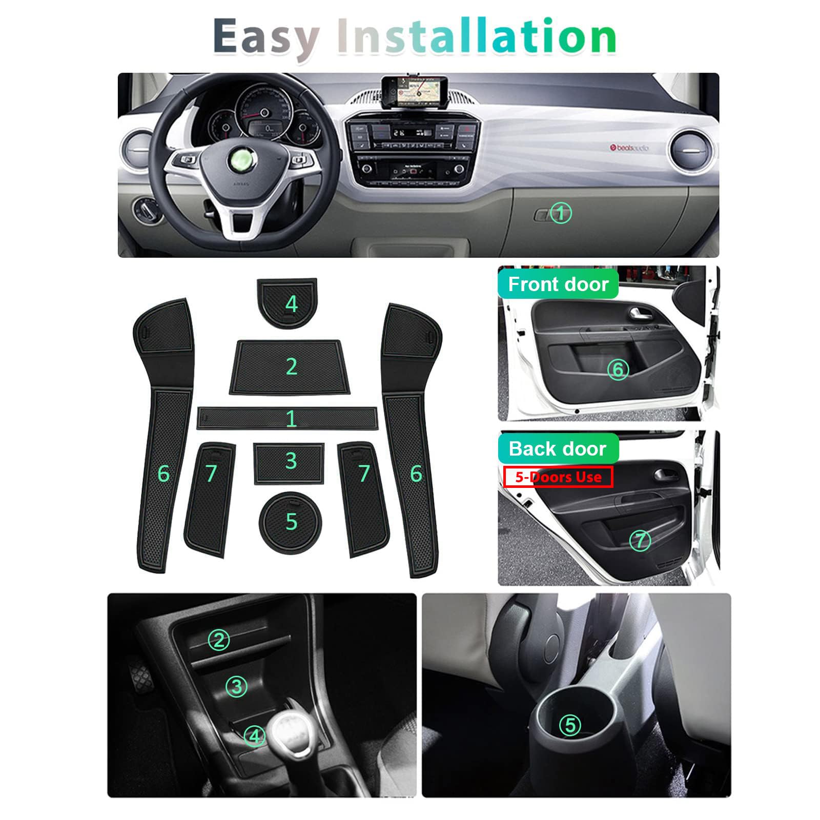 GAFAT Tappetini Antiscivolo per VW UP/Seat Mii/Skoda Citigo 2013-2023 2024, Tappetini in Gomma per Portaoggetti Bracciolo, Portabicchieri, Scanalatura Porta, Interni V W UP Accessori (Nero)