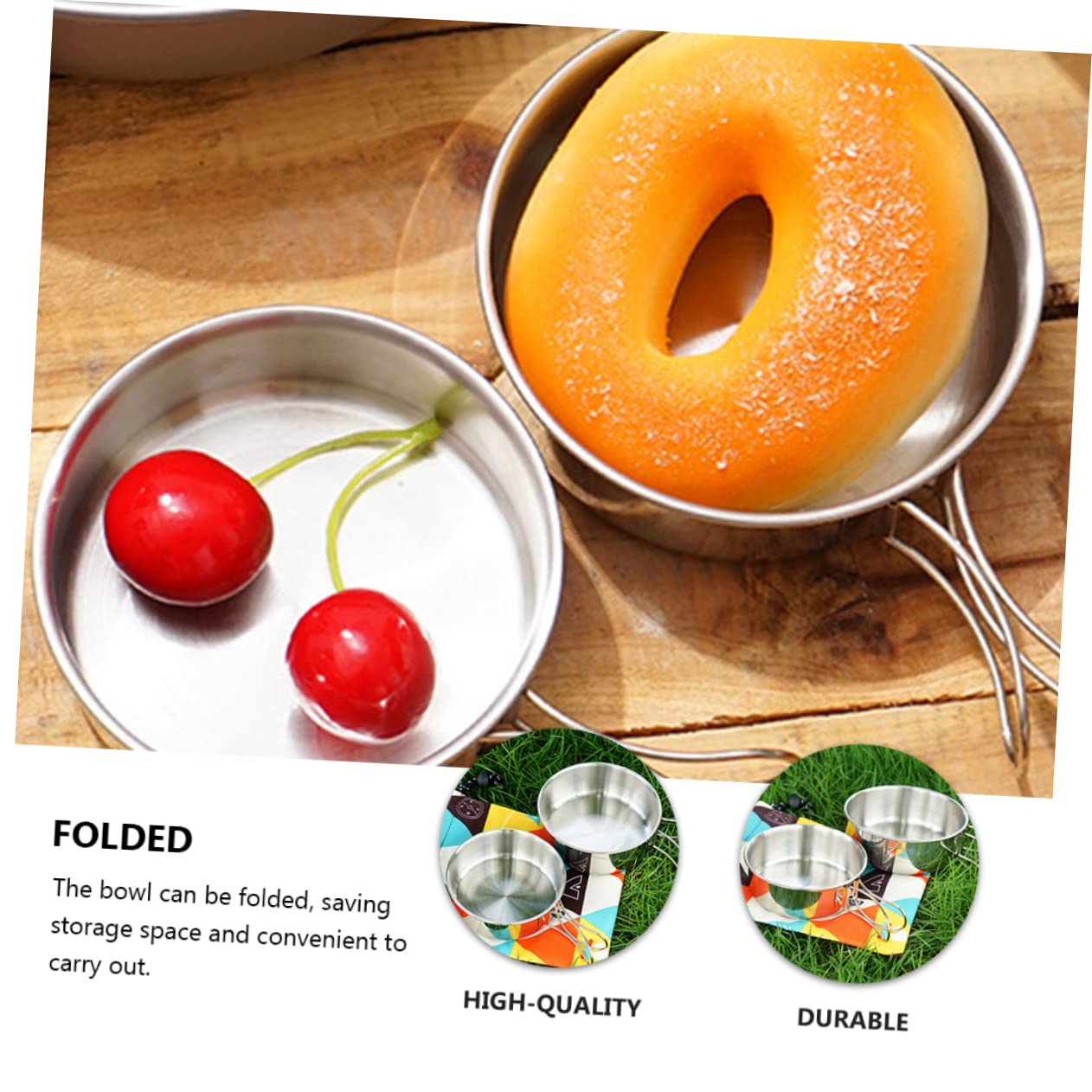 GAROZATION Portable Camping Bowl Lid 304 Stainless Steel Folding Bowl Set Outdoor Tableware