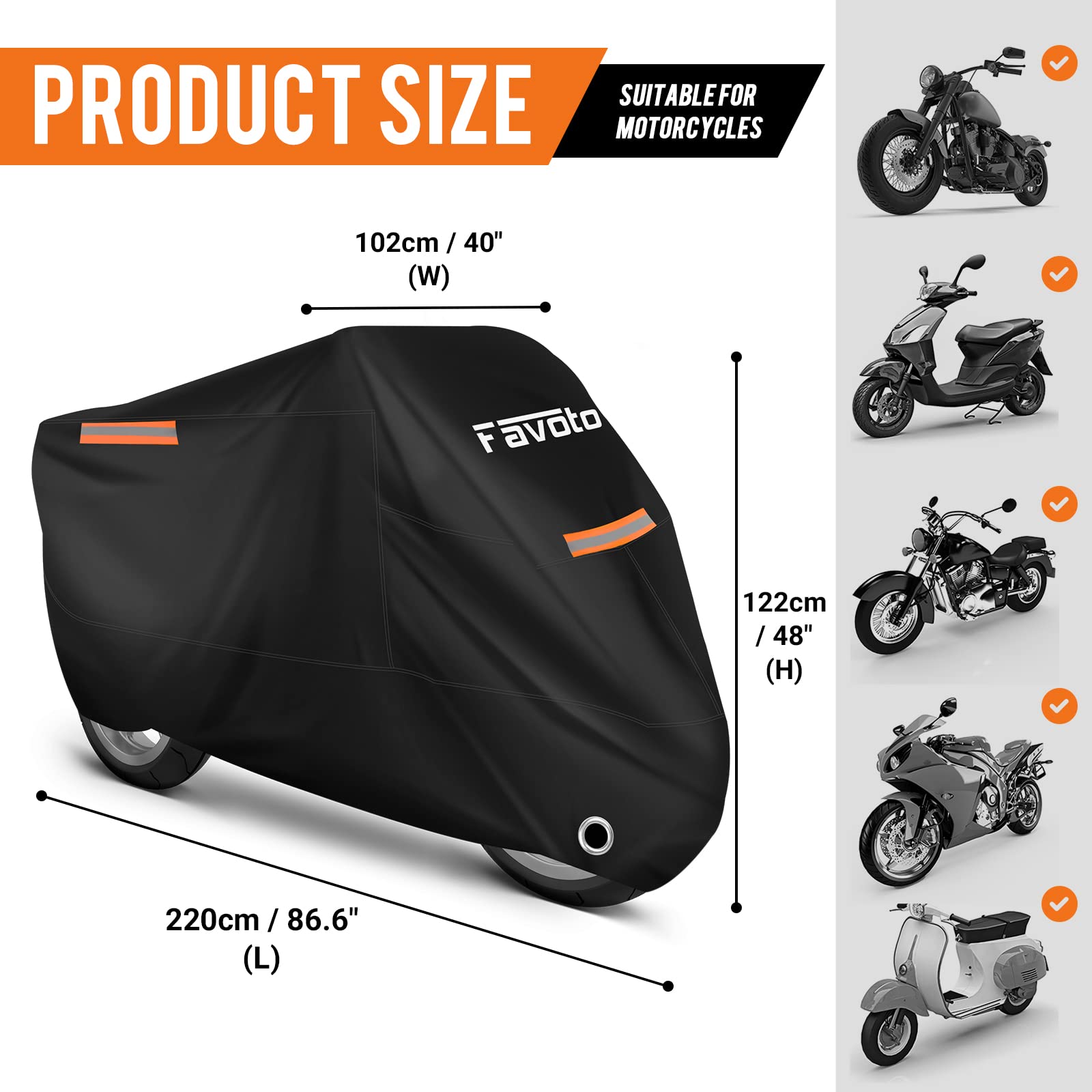 Favoto Funda para motocicleta para todas las estaciones, impermeable, 210T, 225 cm, resistente a los rayos UV, calor, protección al aire libre con reflector nocturno, bolsa de almacenamiento ,Negro