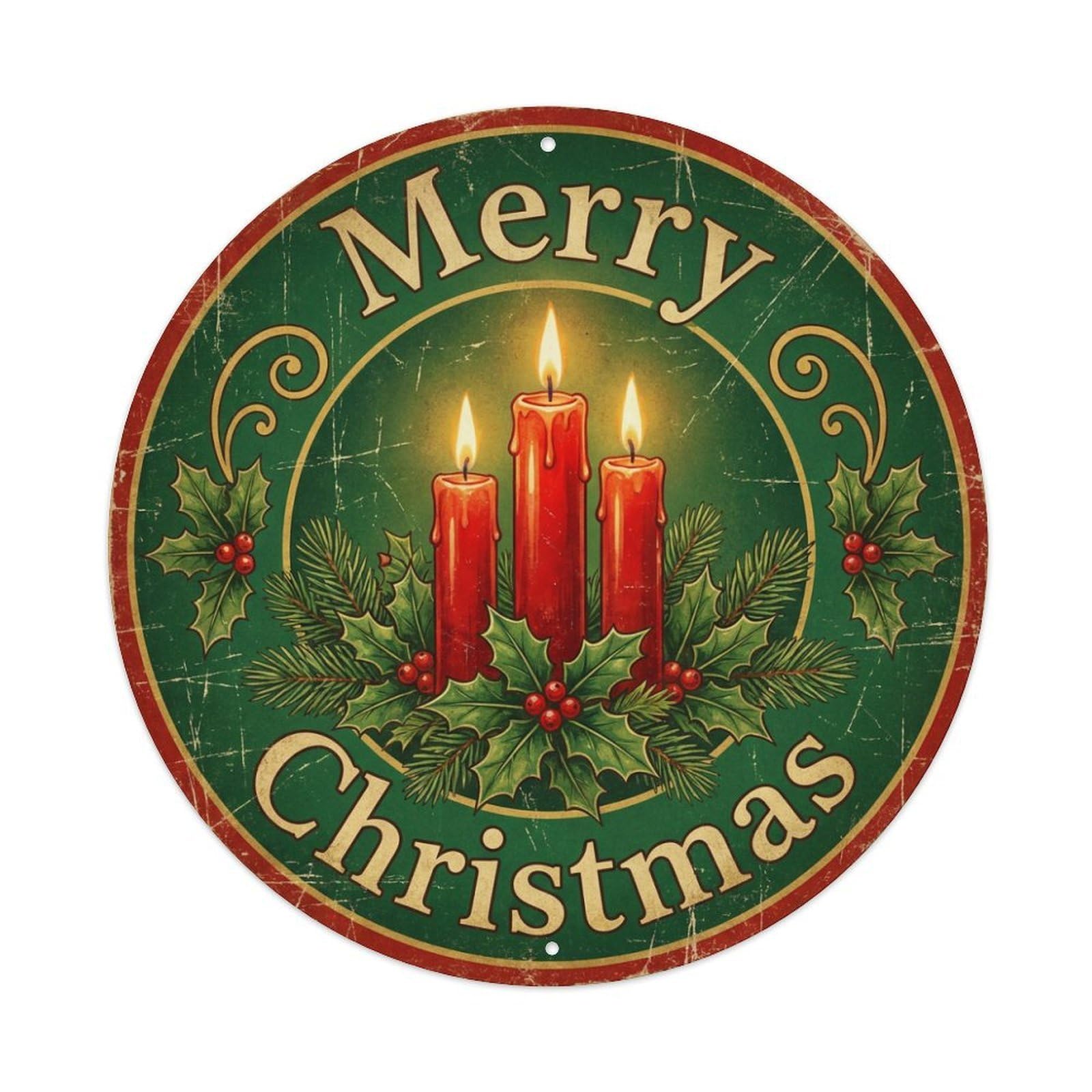 Merry Christmas Candle Holly Glow Metal Tin Sign