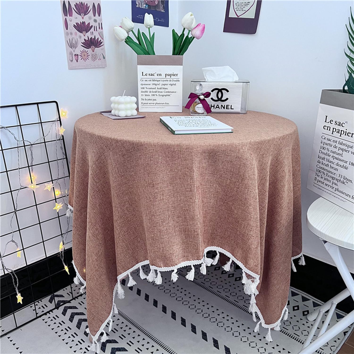 FOELANNE Embroidered Lace Tablecloth, Square Cotton Linen Tablecloth with Tassels, Washable, Multicolor, Multiple Sizes(Light Brown,90x90cm)