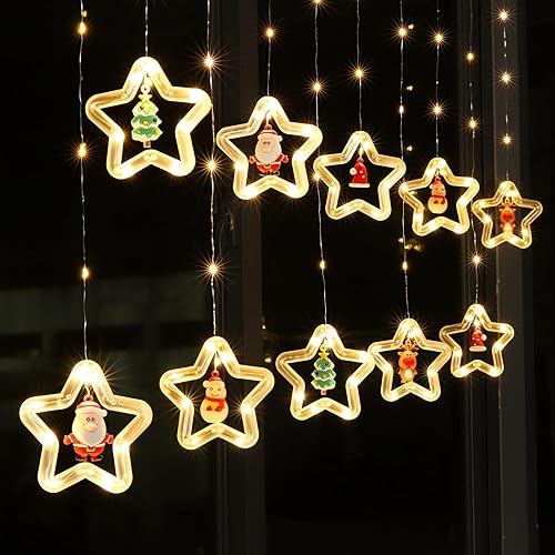 Miniatura 2 de BLOOMWIN Cortina de luces de Navidad para colgar en interiores, anillo de 10 estrellas con adornos de Navidad, control remoto USB, luces de ventana