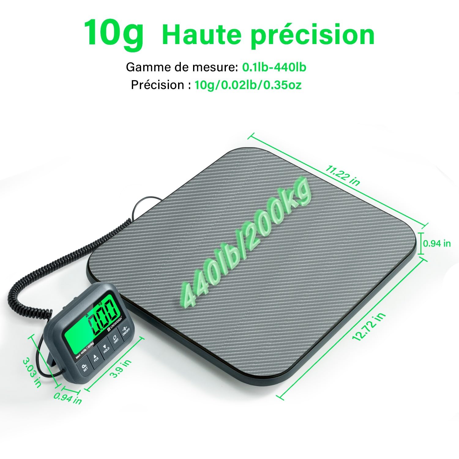 UNIWEIGH Balance postale numérique 200 kg, précision 9,9 g, maintien/tare/comptage, balance colis commercial