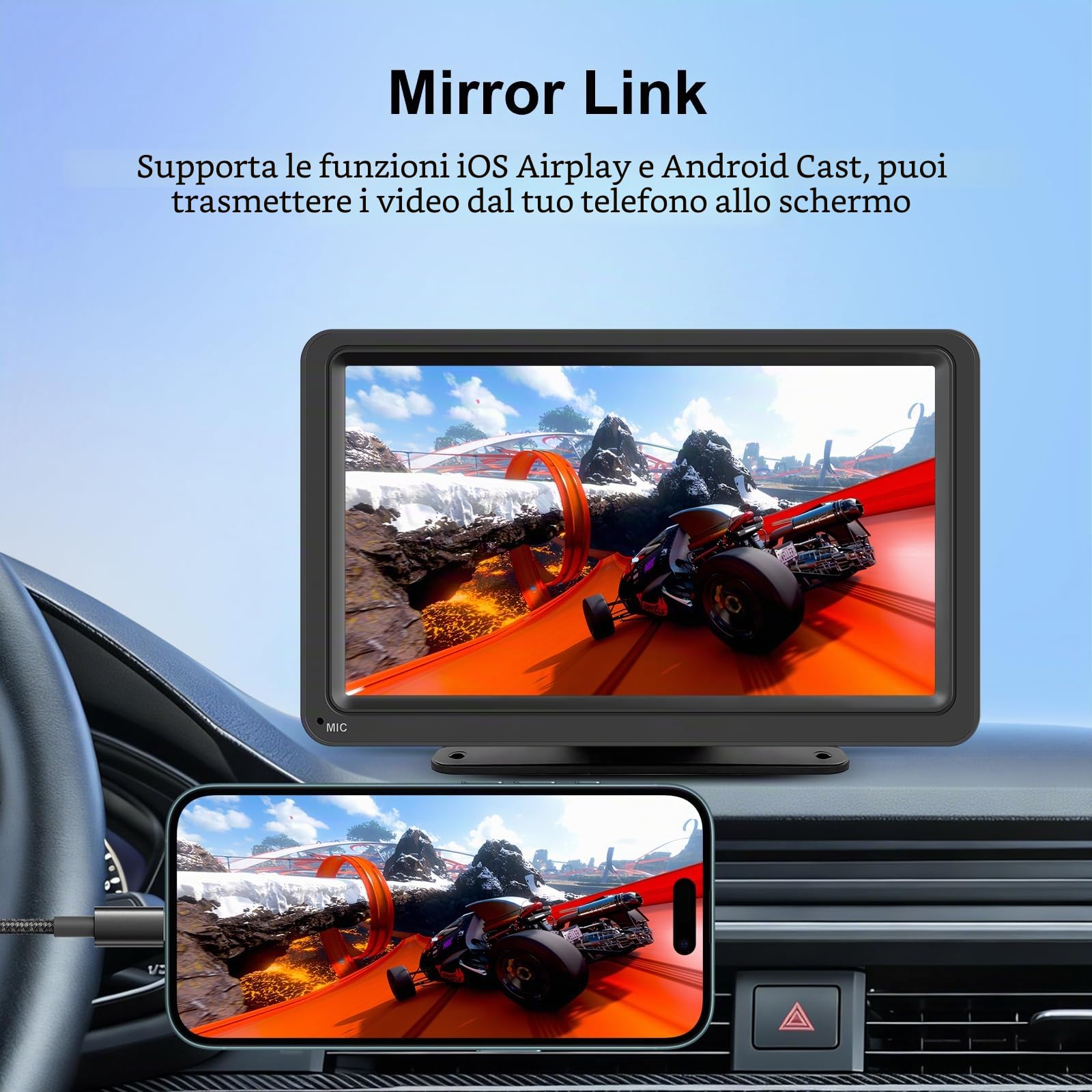 Display portatile CarPlay wireless 7" IPS per auto con Android Auto | Schermo touch IPS modalità giorno/notte Bluetooth trasmettitore FM AUX MirrorLink compatibile 12-24V e connessione
