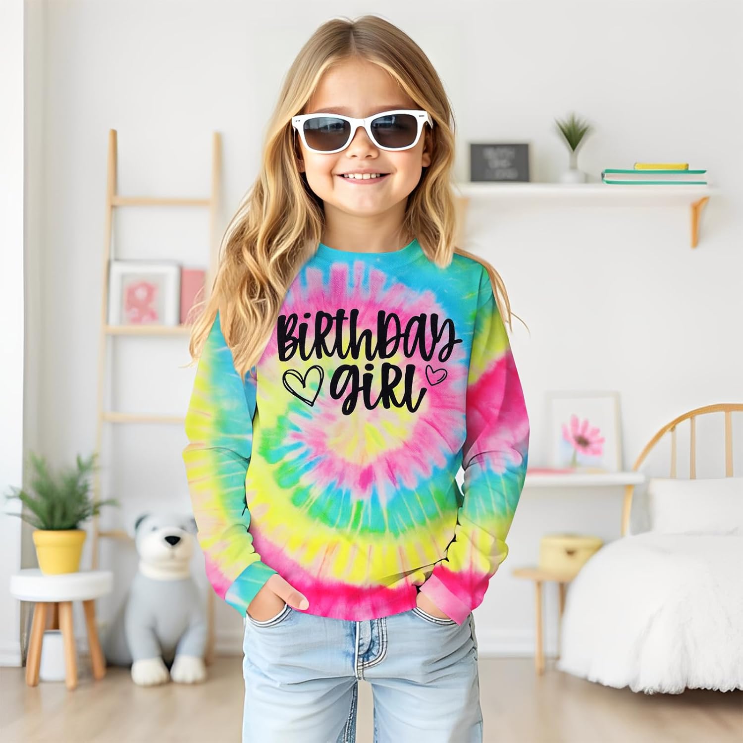 BOUTIKOME Birthday Sweatshirts Girls Toddler Kid Tie Dye Long Sleeve Shirt B-day Outfits Gifts Party Pullover Fall Tops 3-10Y - Image 5
