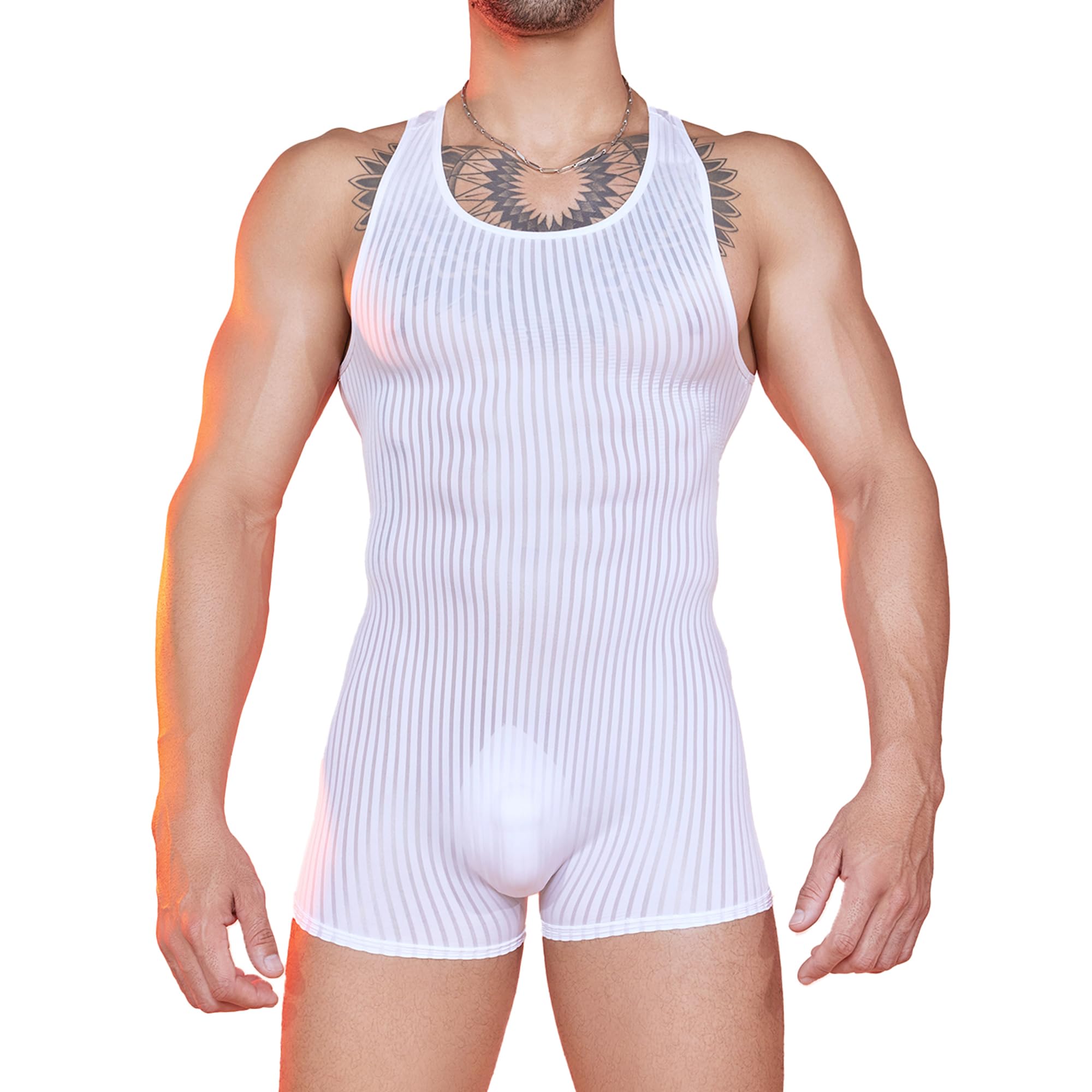 QiaTi Men’s Striped Sheer Bodysuit Sexy Boxers Jumpsuit Sleeveless Wrestling Singlet Stretchy One-piece Leotard for Sport Gym — image 1